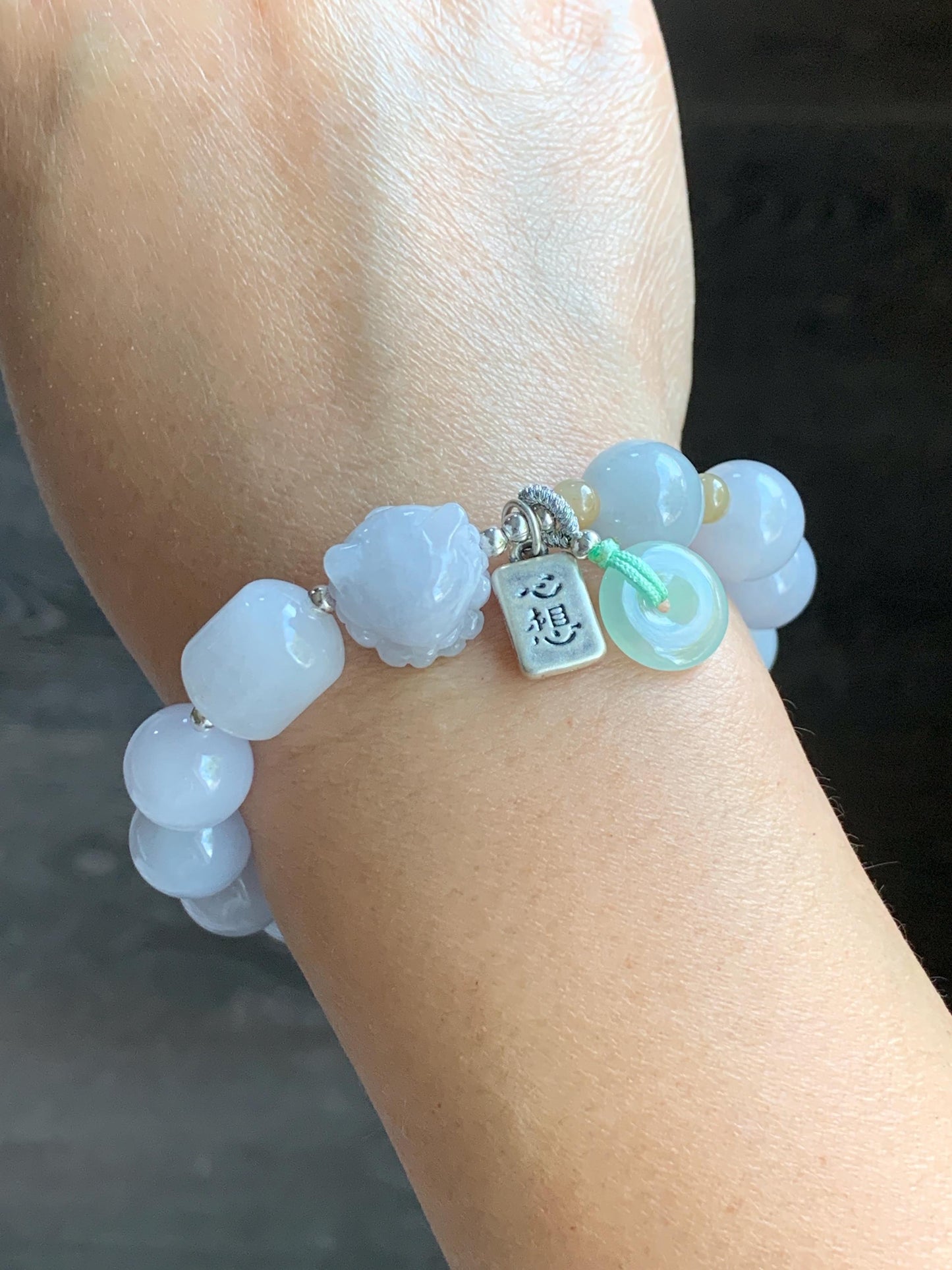 Natural Burmese Icy Translucent White & Light Purple Jadeite Nine-Tailed Fox Jadeite Beaded Bracelet Sterling Silver 6.75” 天然缅甸冰淡紫底翡翠九尾狐圆珠手串