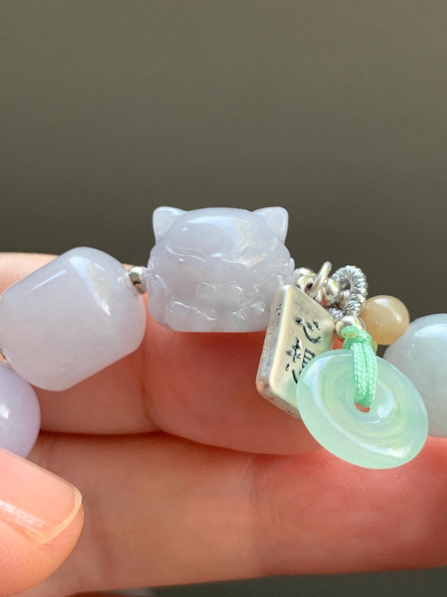 Natural Burmese Icy Translucent White & Light Purple Jadeite Nine-Tailed Fox Jadeite Beaded Bracelet Sterling Silver 6.75” 天然缅甸冰淡紫底翡翠九尾狐圆珠手串