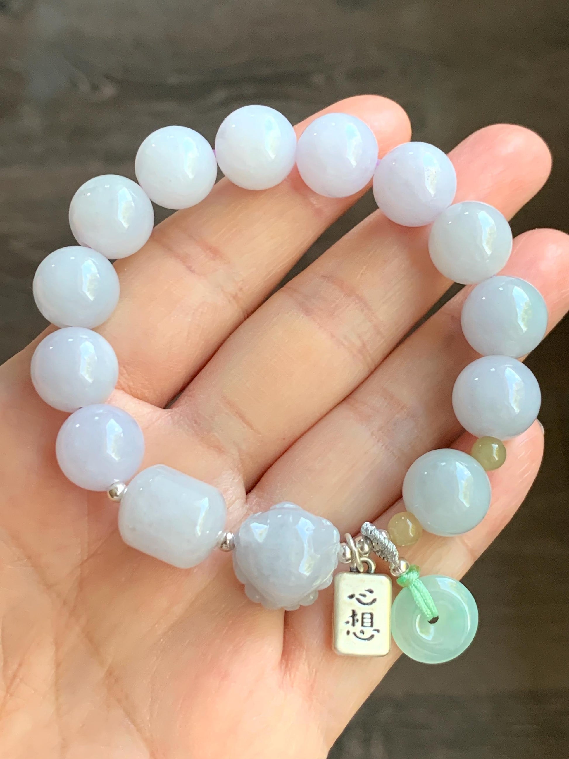 Natural Burmese Icy Translucent White & Light Purple Jadeite Nine-Tailed Fox Jadeite Beaded Bracelet Sterling Silver 6.75” 天然缅甸冰淡紫底翡翠九尾狐圆珠手串