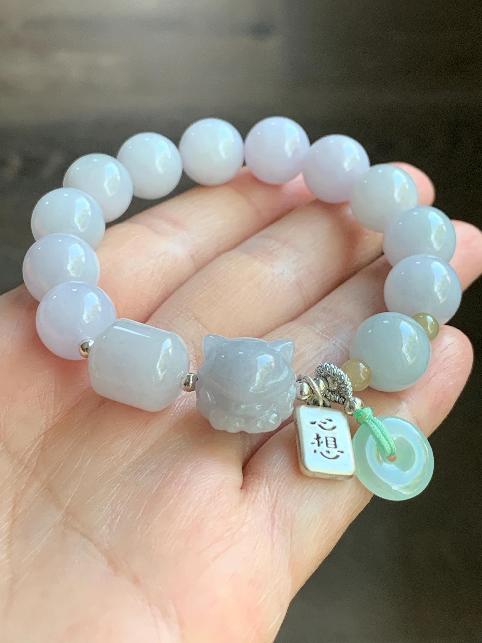 Natural Burmese Icy Translucent White & Light Purple Jadeite Nine-Tailed Fox Jadeite Beaded Bracelet Sterling Silver 6.75” 天然缅甸冰淡紫底翡翠九尾狐圆珠手串