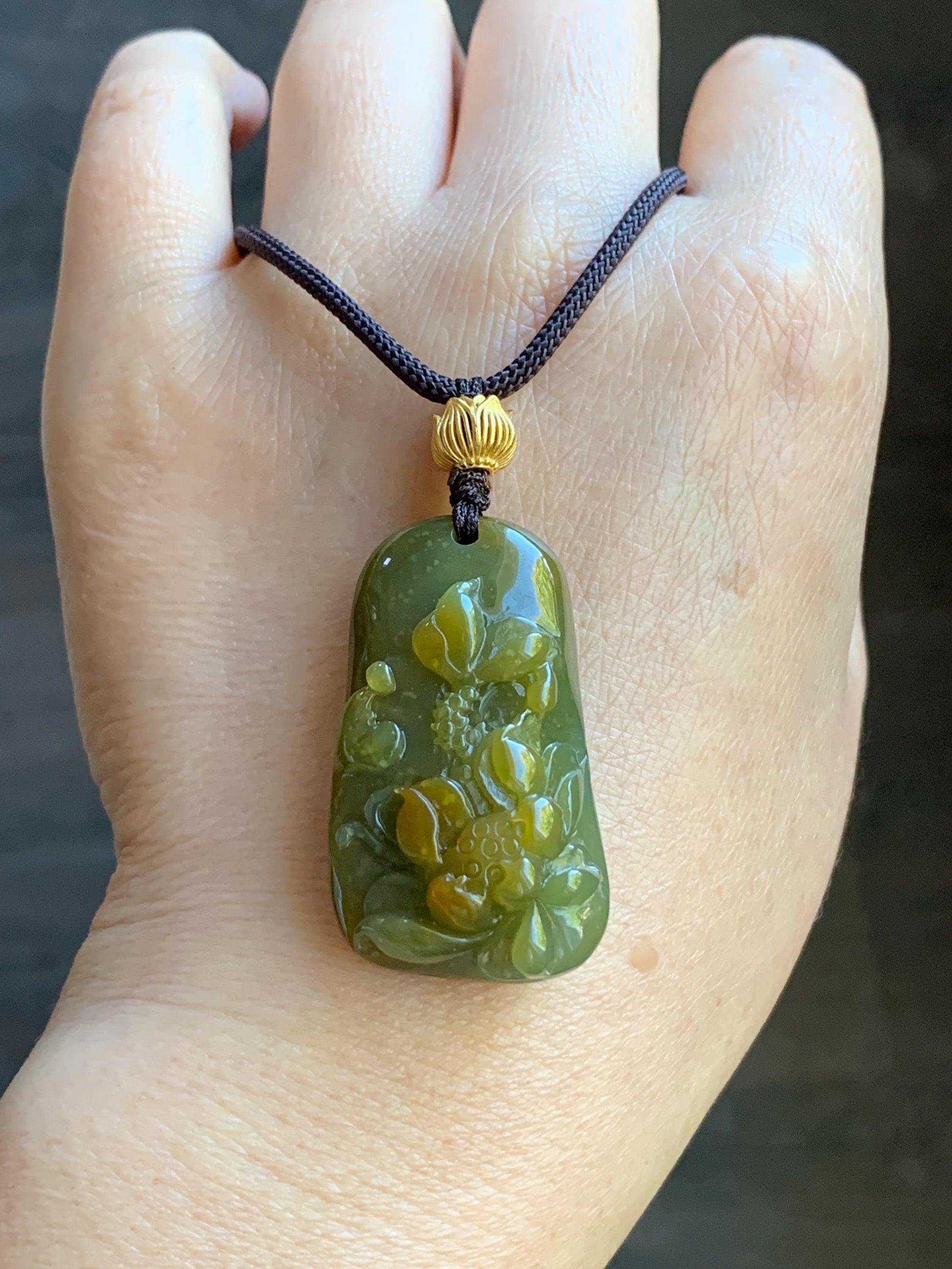 Natural Guatemalan Icy Translucent Dark Tea Yellow Marbled Jadeite Lotus Flower Praying Monk Pendant Rope Necklace 26” 天然冰危茶黄翡翠莲花悟道吊坠