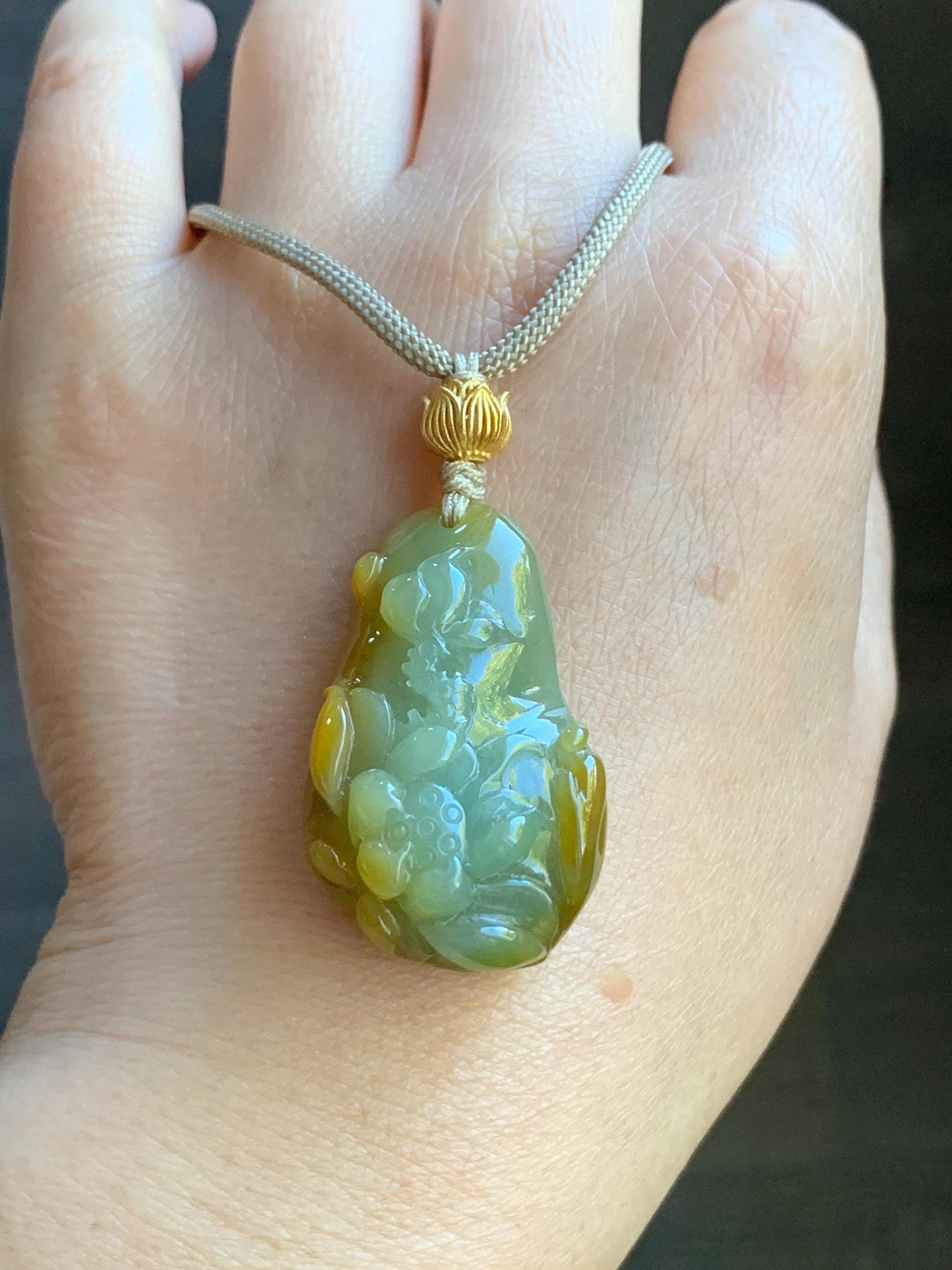 Natural Guatemalan Icy Translucent Vibrant Yellow Two-toned Jadeite Lotus Flower & Praying Monk Pendant Rope Necklace 26” 天然冰危鸡油黄渐变翡翠莲花悟道吊坠