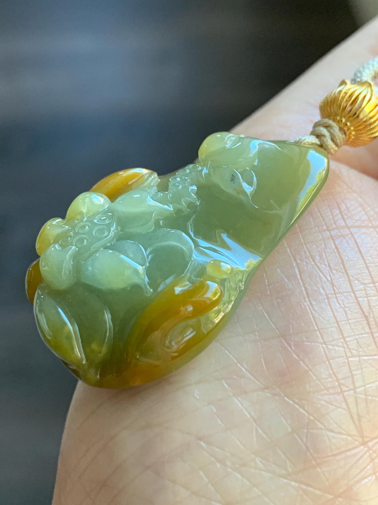Natural Guatemalan Icy Translucent Vibrant Yellow Two-toned Jadeite Lotus Flower & Praying Monk Pendant Rope Necklace 26” 天然冰危鸡油黄渐变翡翠莲花悟道吊坠