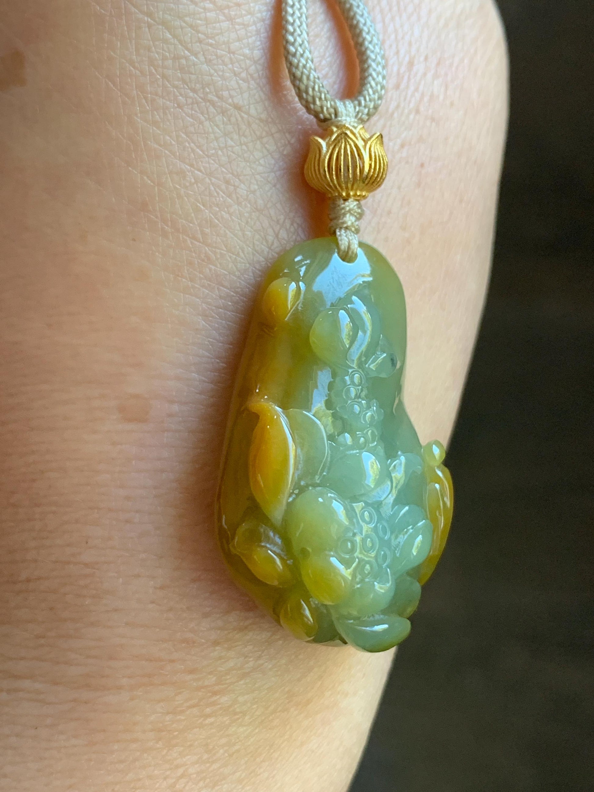 Natural Guatemalan Icy Translucent Vibrant Yellow Two-toned Jadeite Lotus Flower & Praying Monk Pendant Rope Necklace 26” 天然冰危鸡油黄渐变翡翠莲花悟道吊坠