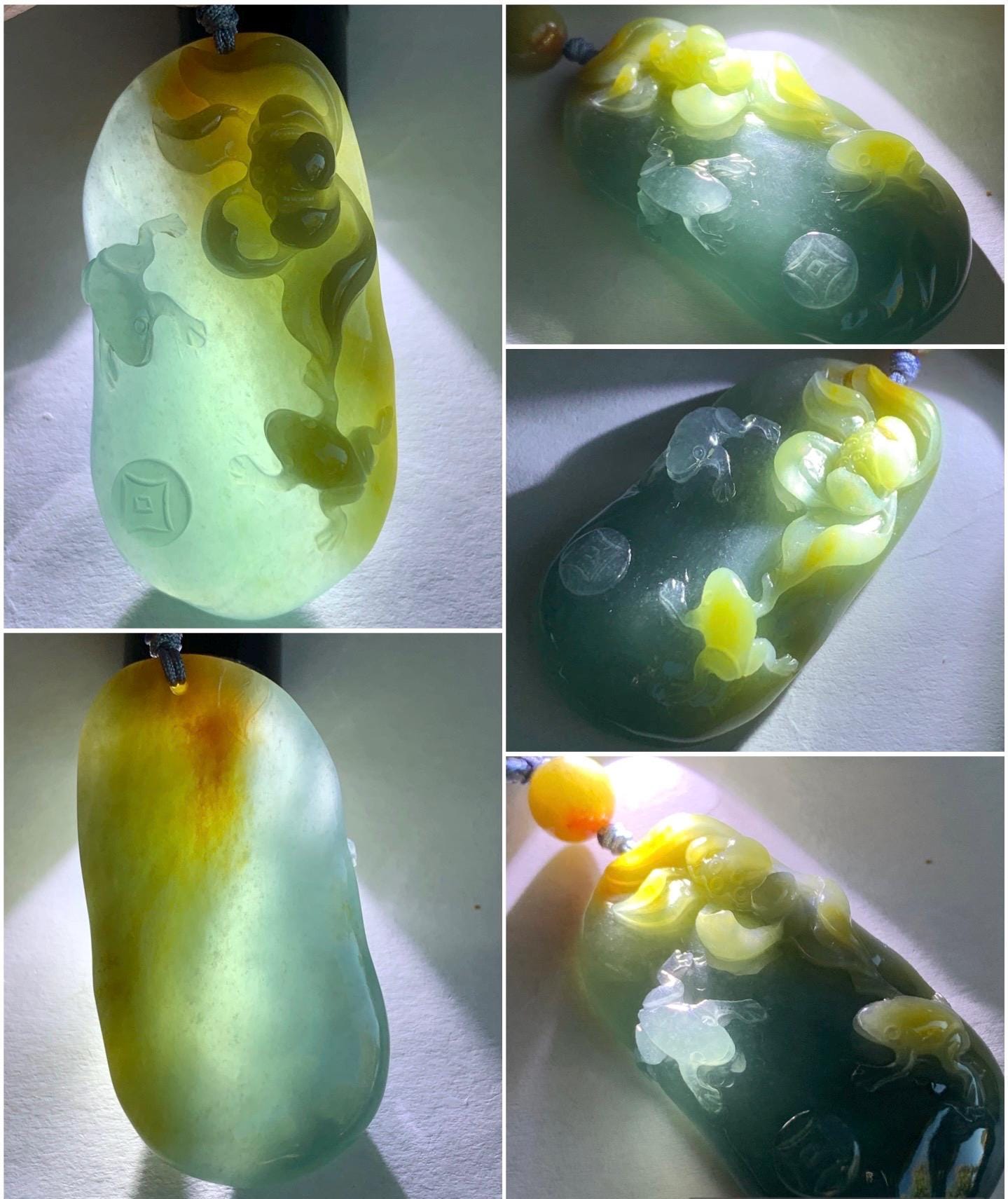 Natural Guatemalan Icy Translucent Dark Blue Rich Yellow Marbled Jadeite Lotus Flower & Frogs Pendant Rope Necklace 26” 22g 天然冰危蓝加黄翡翠莲花青蛙吊坠