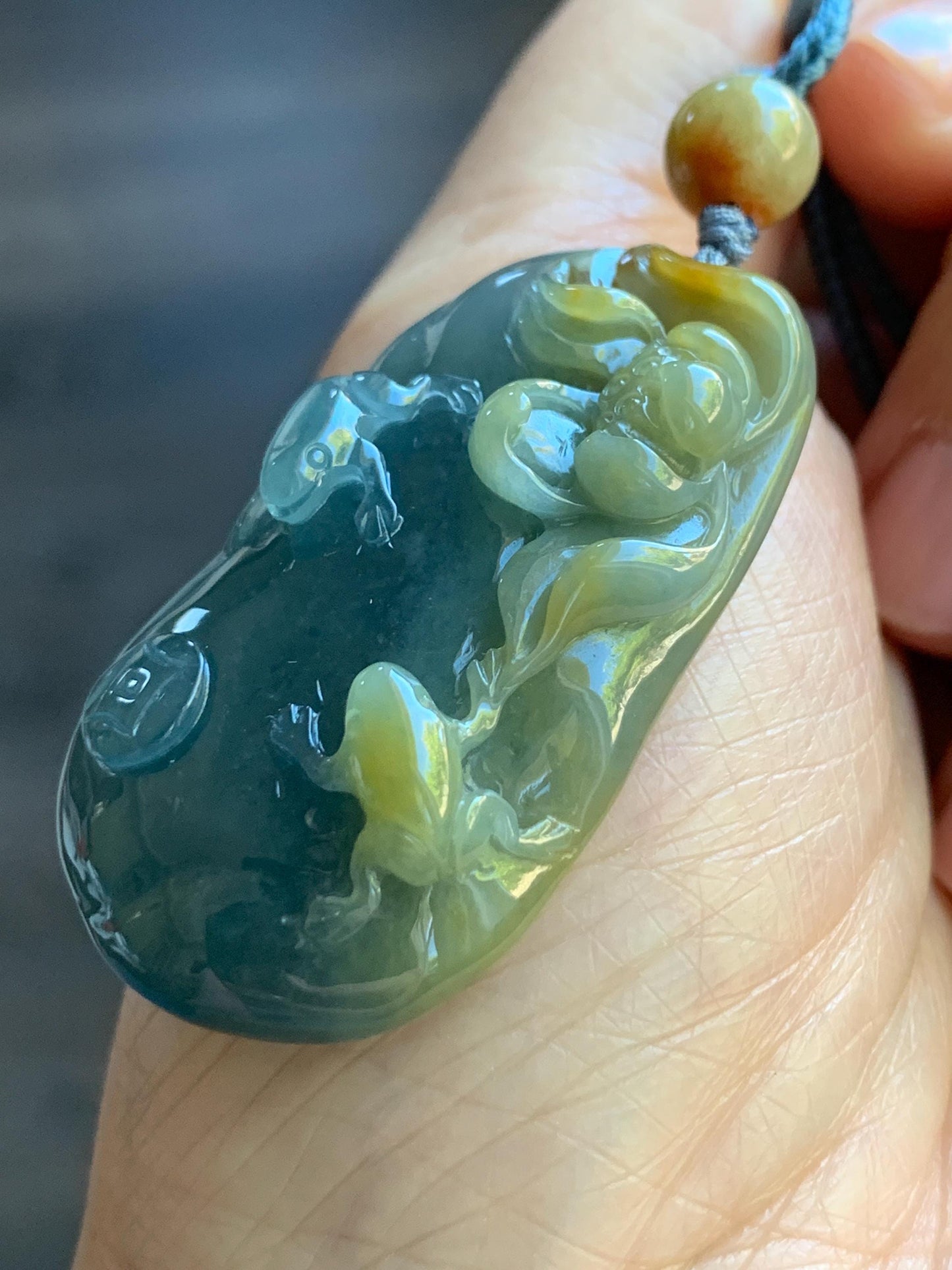 Natural Guatemalan Icy Translucent Dark Blue Rich Yellow Marbled Jadeite Lotus Flower & Frogs Pendant Rope Necklace 26” 22g 天然冰危蓝加黄翡翠莲花青蛙吊坠
