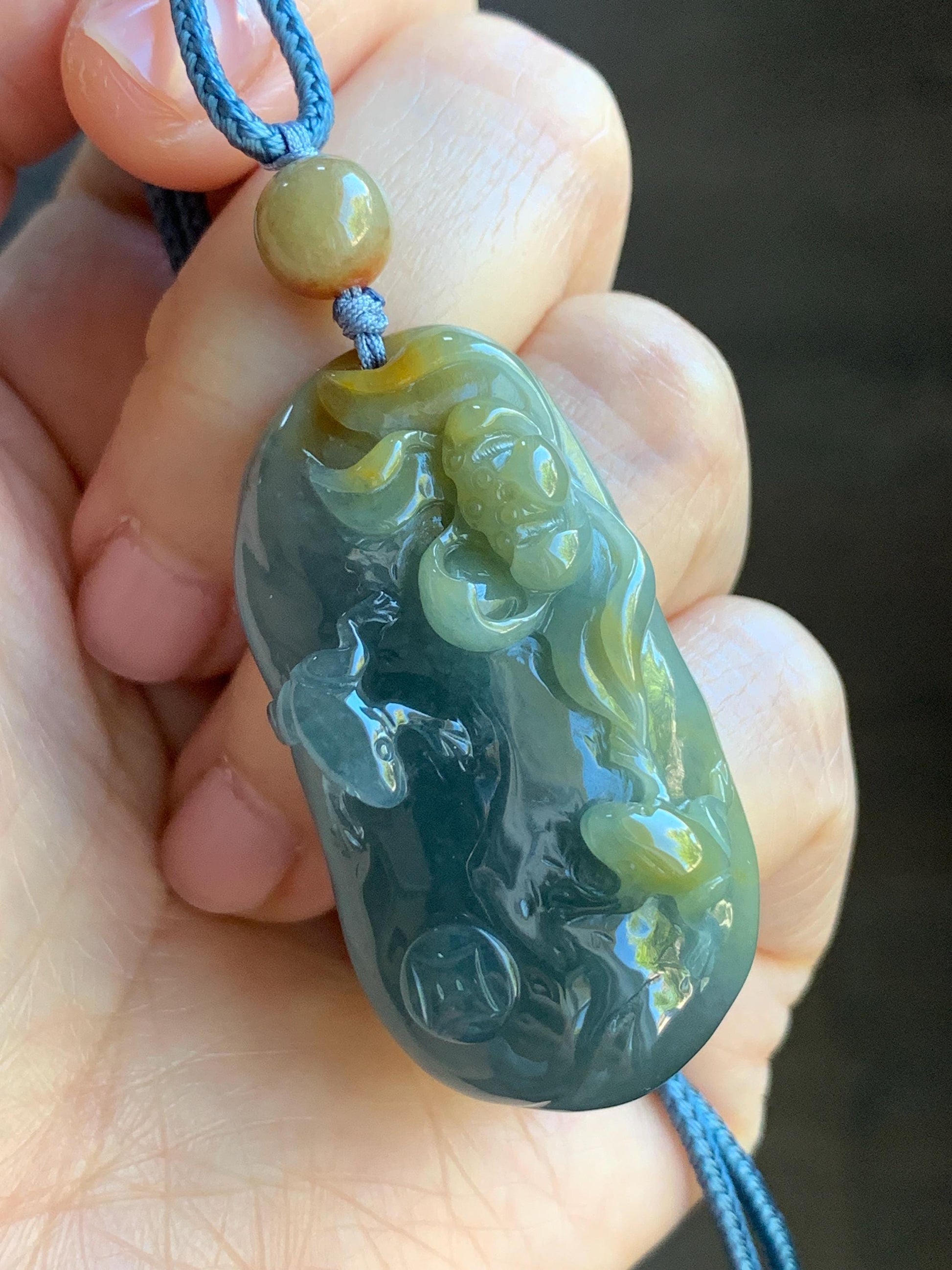 Natural Guatemalan Icy Translucent Dark Blue Rich Yellow Marbled Jadeite Lotus Flower & Frogs Pendant Rope Necklace 26” 22g 天然冰危蓝加黄翡翠莲花青蛙吊坠