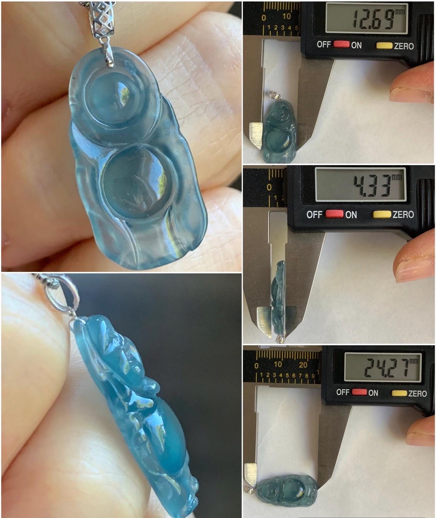 Petite Natural Guatemalan Premium Icy Highly Translucent Indigo Blue Jadeite Standing Buddha Pendant 18K White Gold 天然冰危蓝起光翡翠站佛公镶嵌吊坠 C