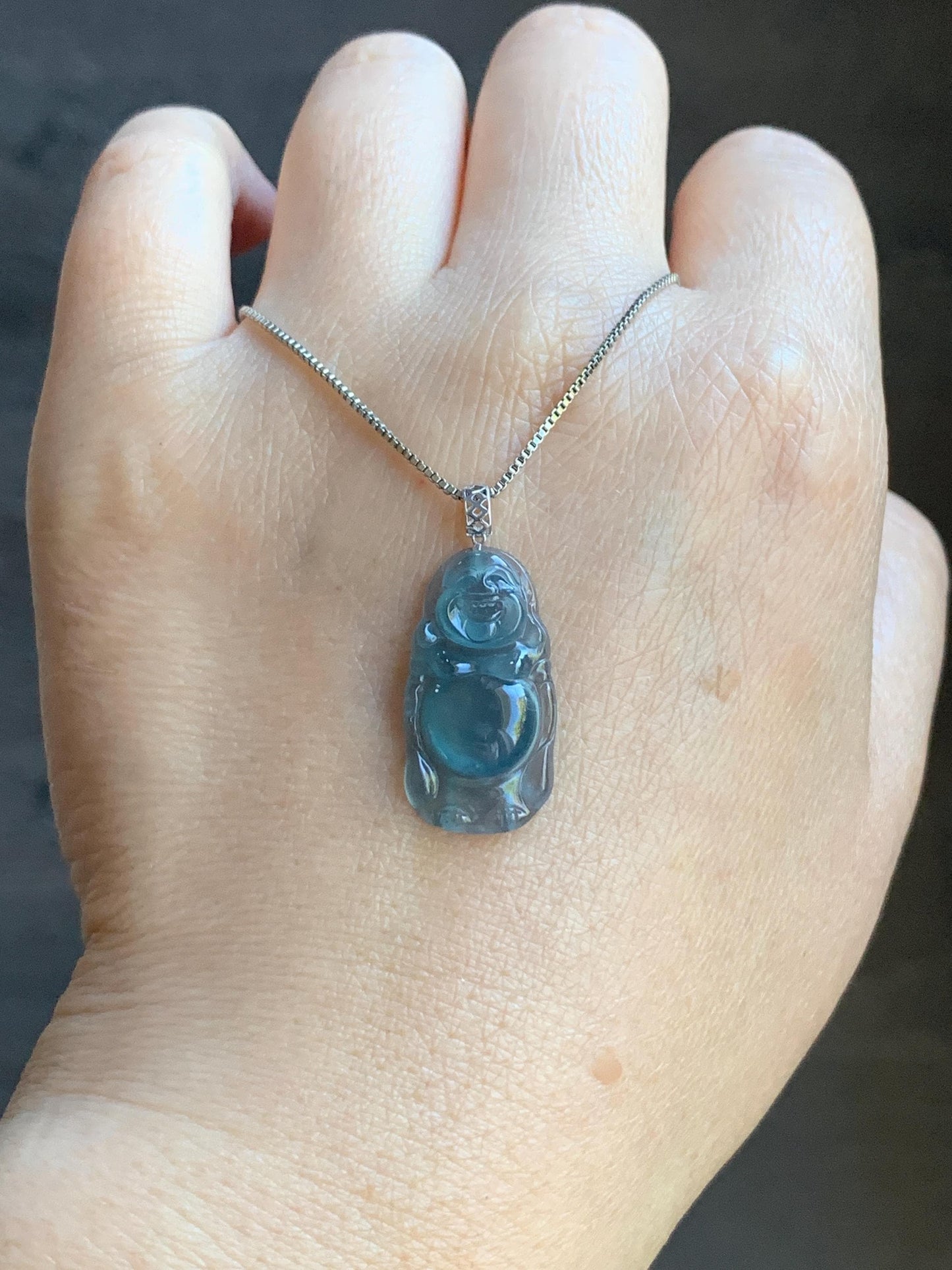 Petite Natural Guatemalan Premium Icy Highly Translucent Indigo Blue Jadeite Standing Buddha Pendant 18K White Gold 天然冰危蓝起光翡翠站佛公镶嵌吊坠 C