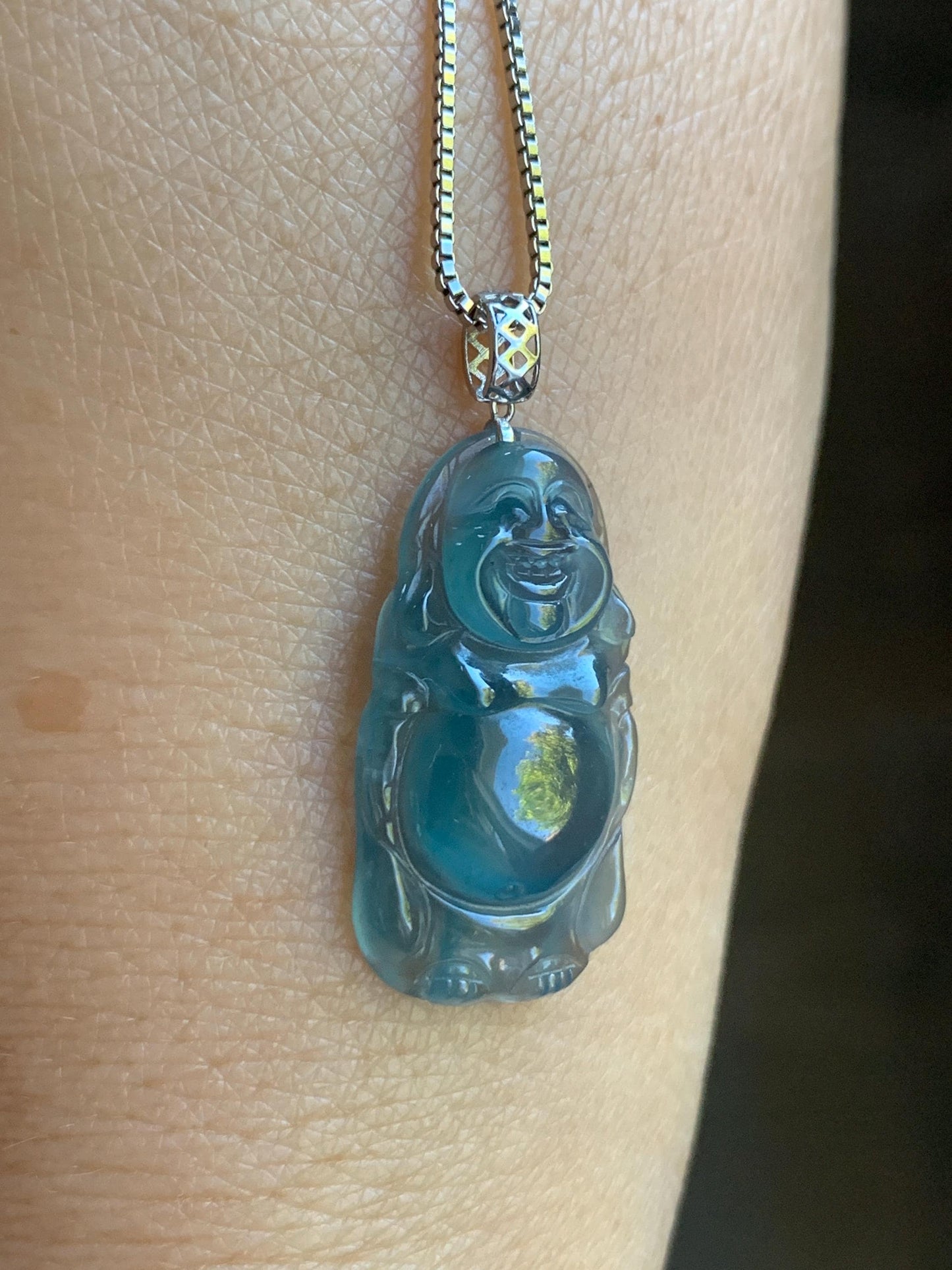 Petite Natural Guatemalan Premium Icy Highly Translucent Indigo Blue Jadeite Standing Buddha Pendant 18K White Gold 天然冰危蓝起光翡翠站佛公镶嵌吊坠 C
