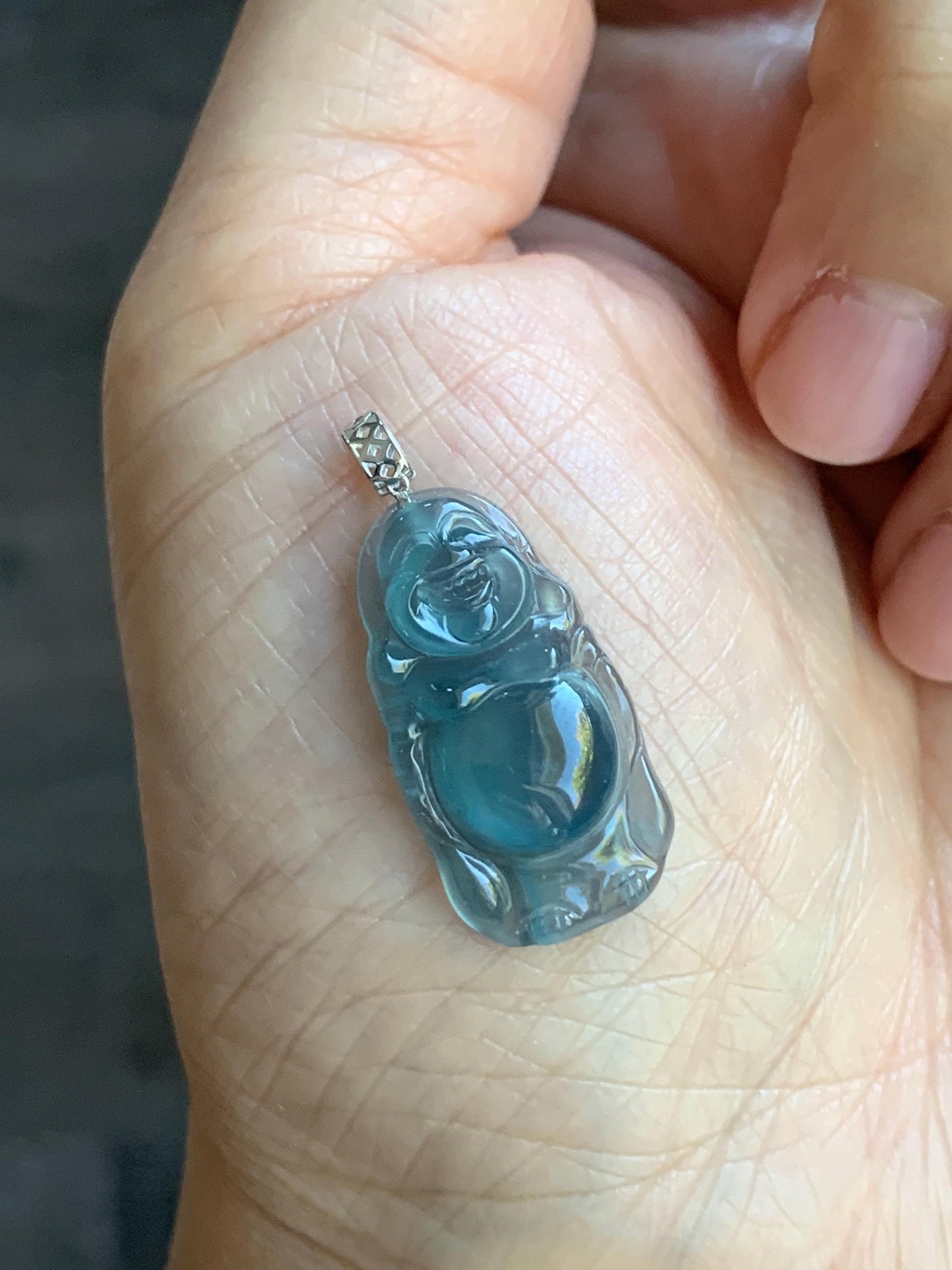 Petite Natural Guatemalan Premium Icy Highly Translucent Indigo Blue Jadeite Standing Buddha Pendant 18K White Gold 天然冰危蓝起光翡翠站佛公镶嵌吊坠 C