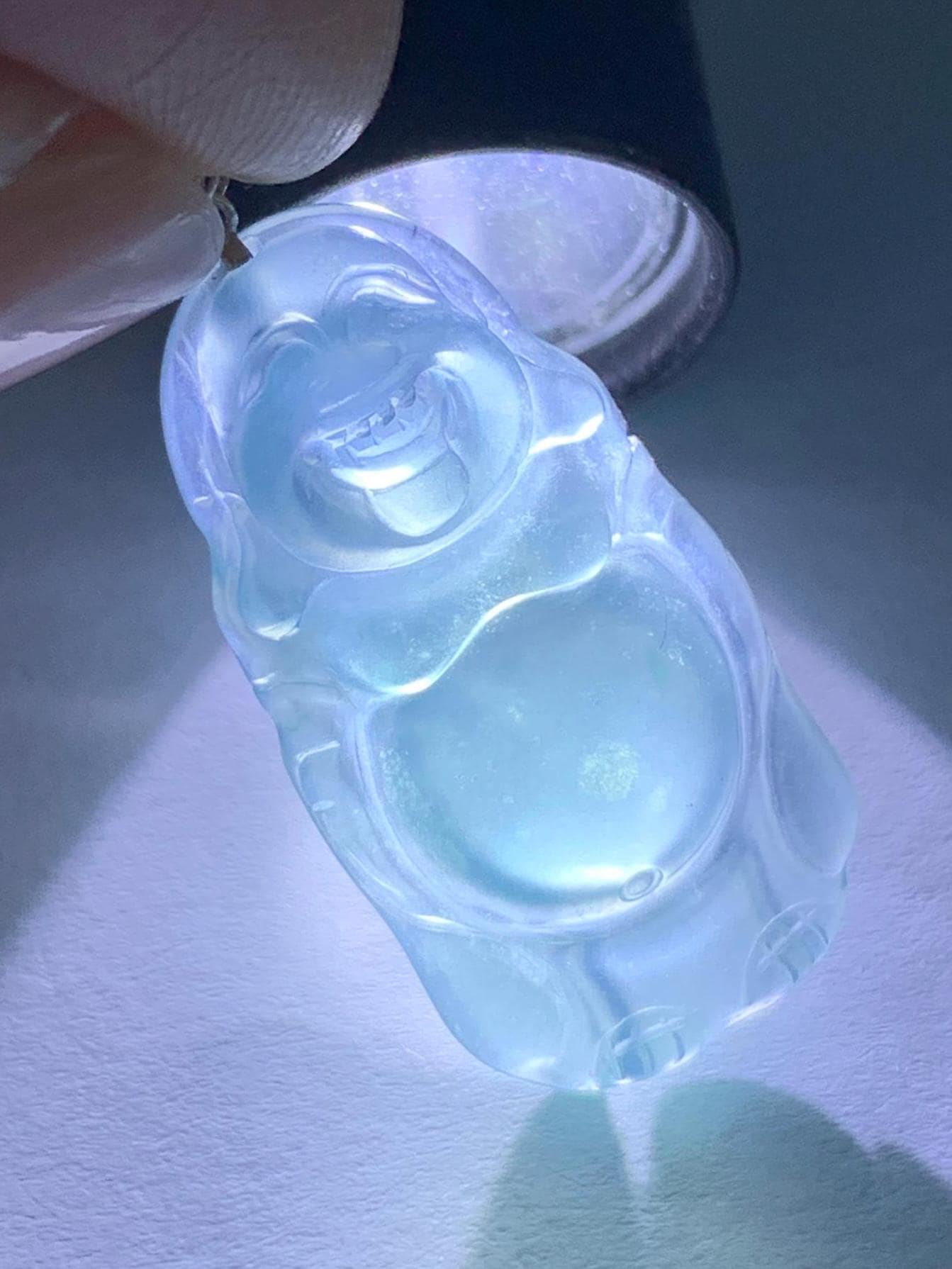 Petite Natural Guatemalan Premium Icy Highly Translucent Indigo Blue Jadeite Standing Buddha Pendant 18K White Gold 天然冰危蓝起光翡翠站佛公镶嵌吊坠 C