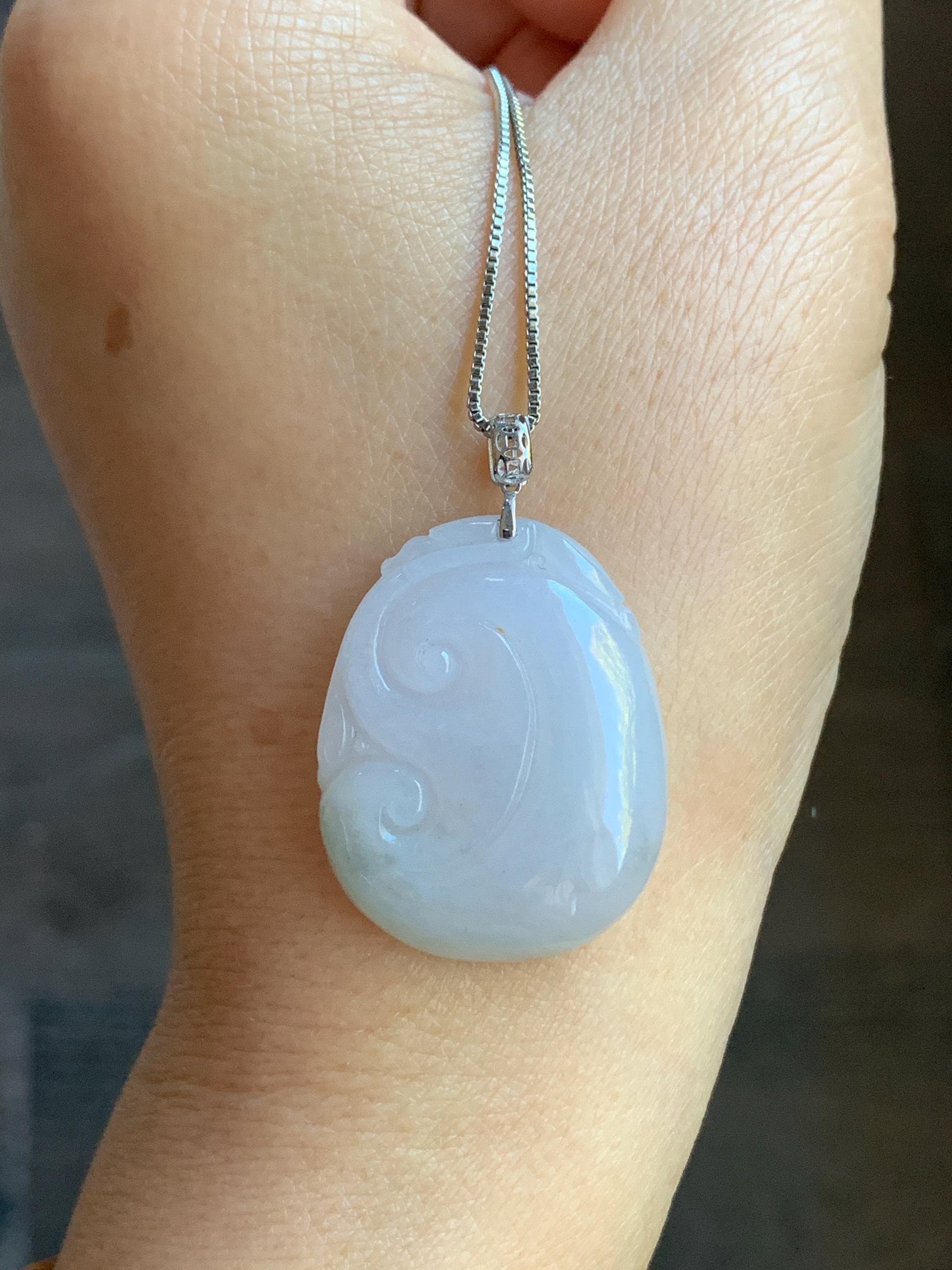 Natural Burmese Icy Translucent Light Lilac Light Green Marbled Jadeite Carved Ruyi Pendant 18K White Gold 8g 天然缅甸细糯冰淡春彩翡翠如意镶嵌吊坠