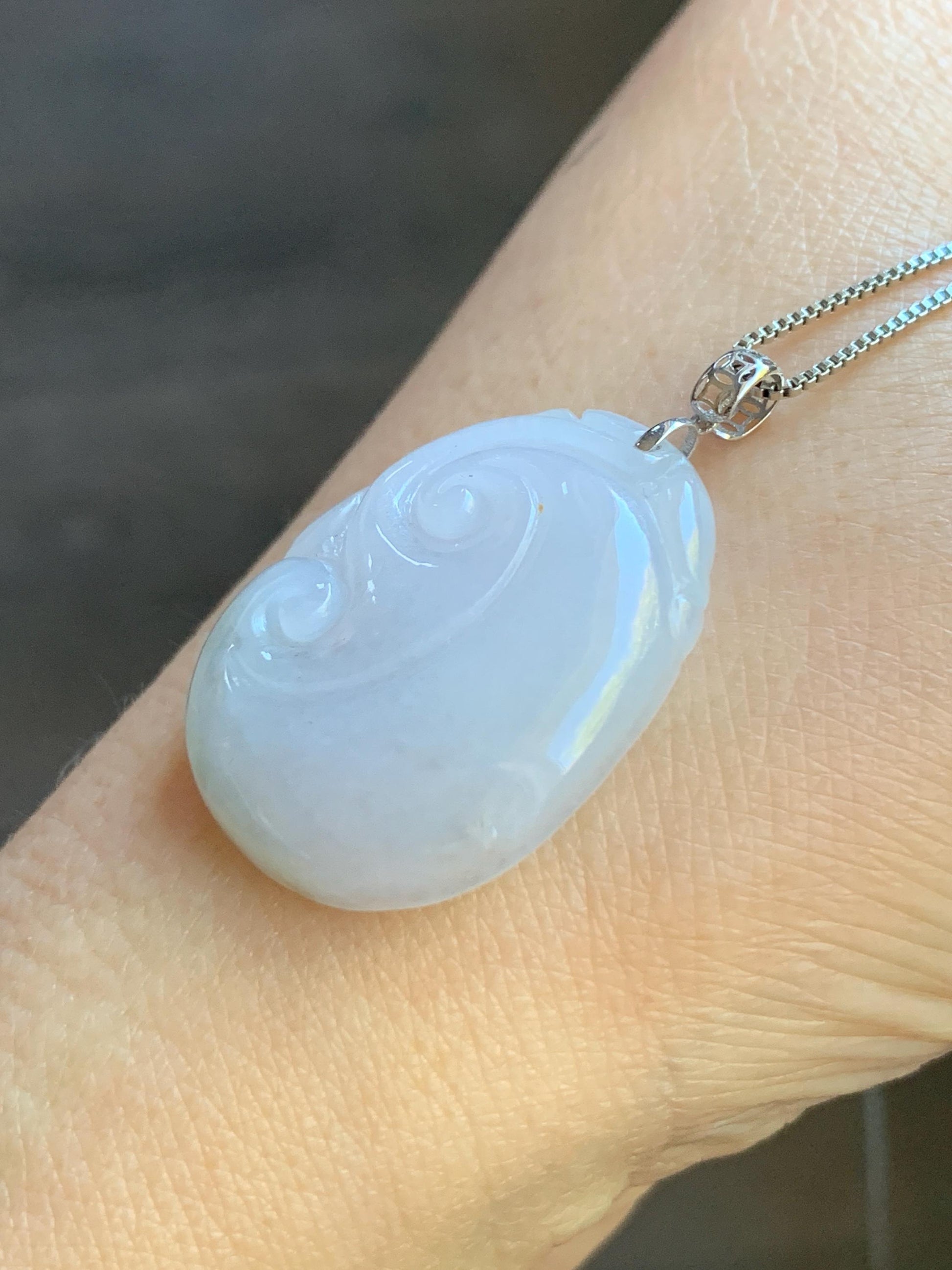 Natural Burmese Icy Translucent Light Lilac Light Green Marbled Jadeite Carved Ruyi Pendant 18K White Gold 8g 天然缅甸细糯冰淡春彩翡翠如意镶嵌吊坠