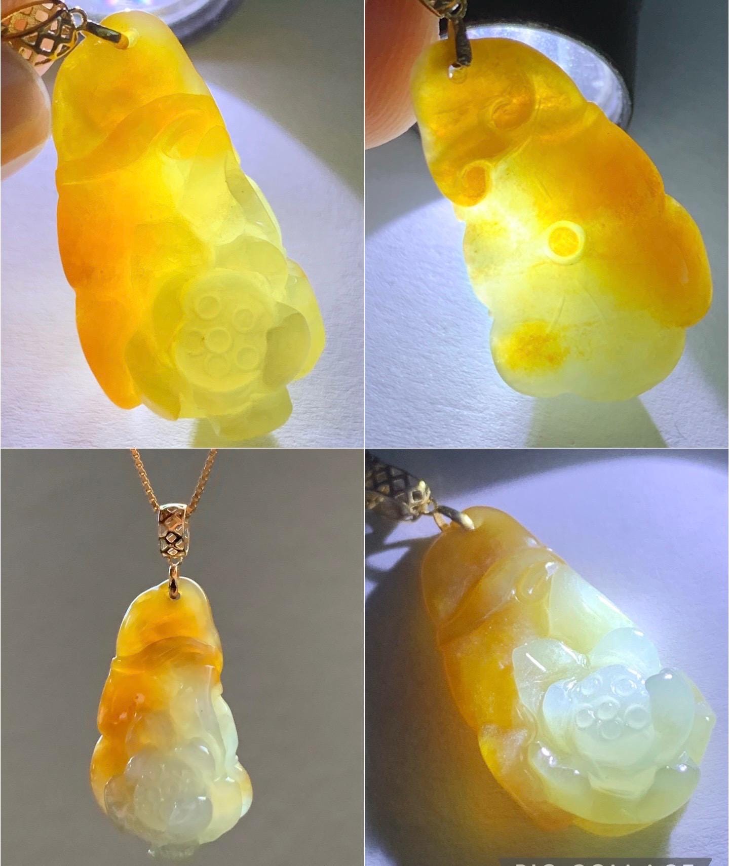 Petite Natural Burmese Bicolored Icy Translucent Yellow & White Marbled Jadeite Lotus Flower Pendant 18K Yellow Gold 天然缅甸冰黄双色翡翠莲花镶嵌吊坠