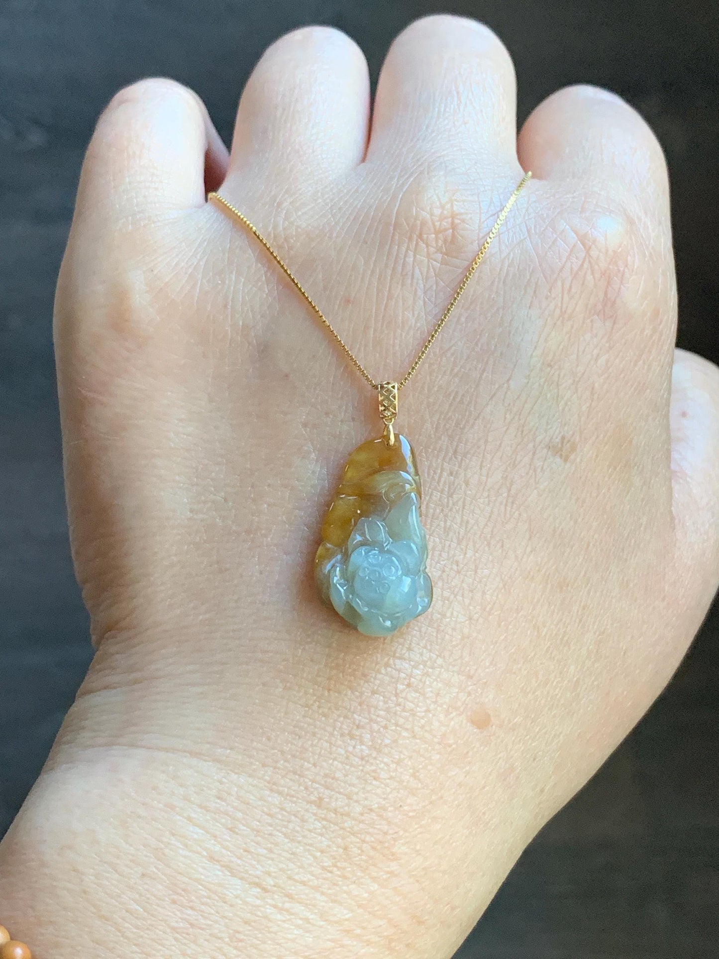 Petite Natural Burmese Bicolored Icy Translucent Yellow & White Marbled Jadeite Lotus Flower Pendant 18K Yellow Gold 天然缅甸冰黄双色翡翠莲花镶嵌吊坠