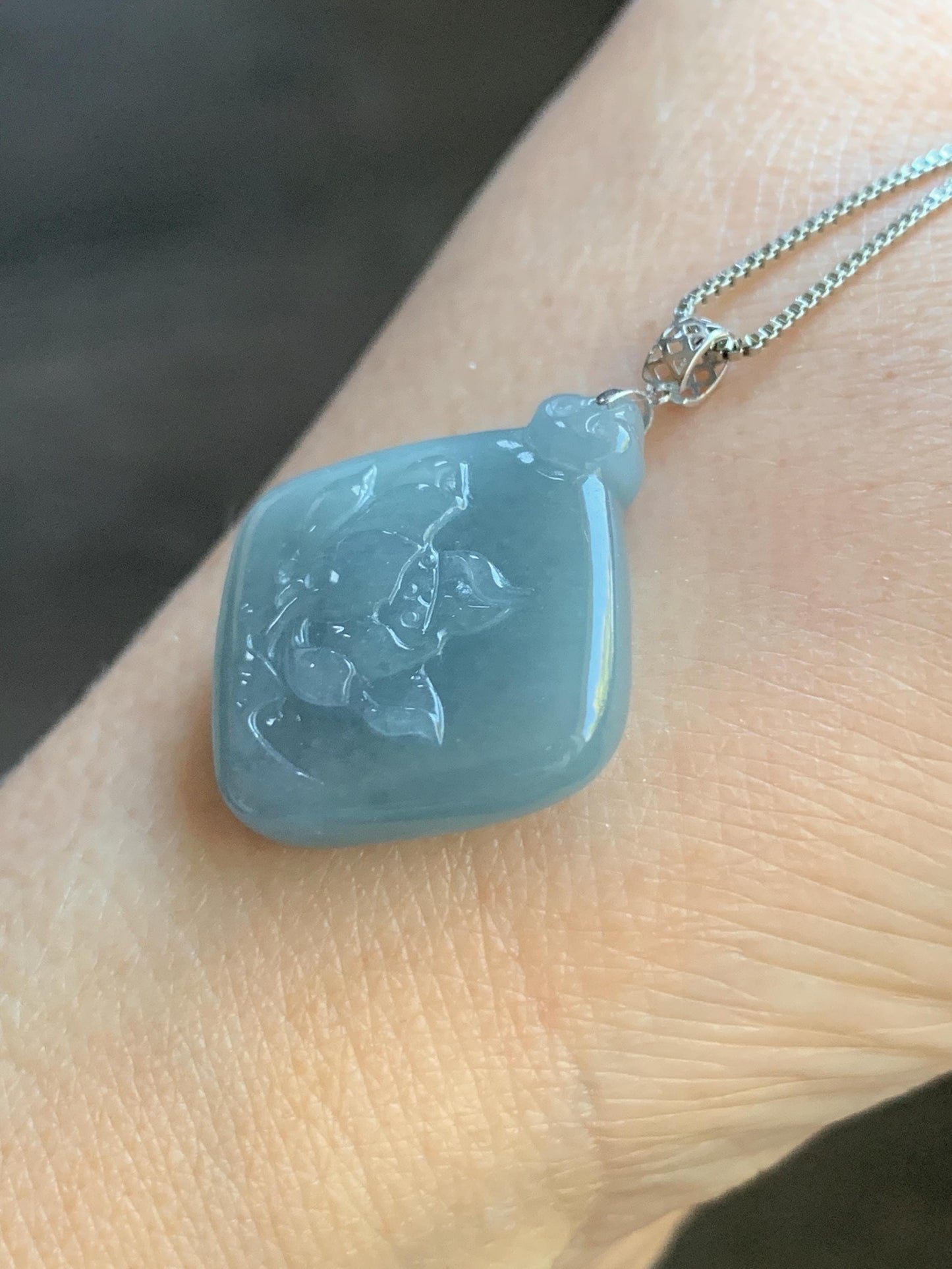 Natural Guatemalan Icy Translucent Light Dusty Blue Jadeite Lotus Flower Pendant 18K White Gold 4g 天然冰危淡蓝翡翠莲花镶嵌吊坠 LDQL