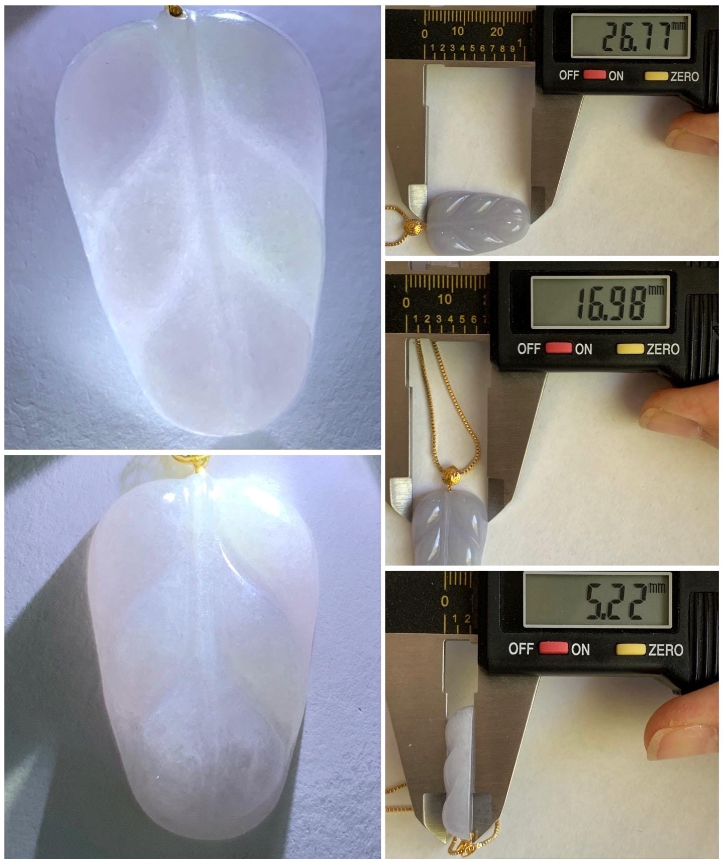 Natural Burmese Translucent Icy Light Purple Jadeite Carved Leaf Pendant 18K Yellow Gold Bail 天然缅甸冰淡紫翡翠叶子镶嵌吊坠
