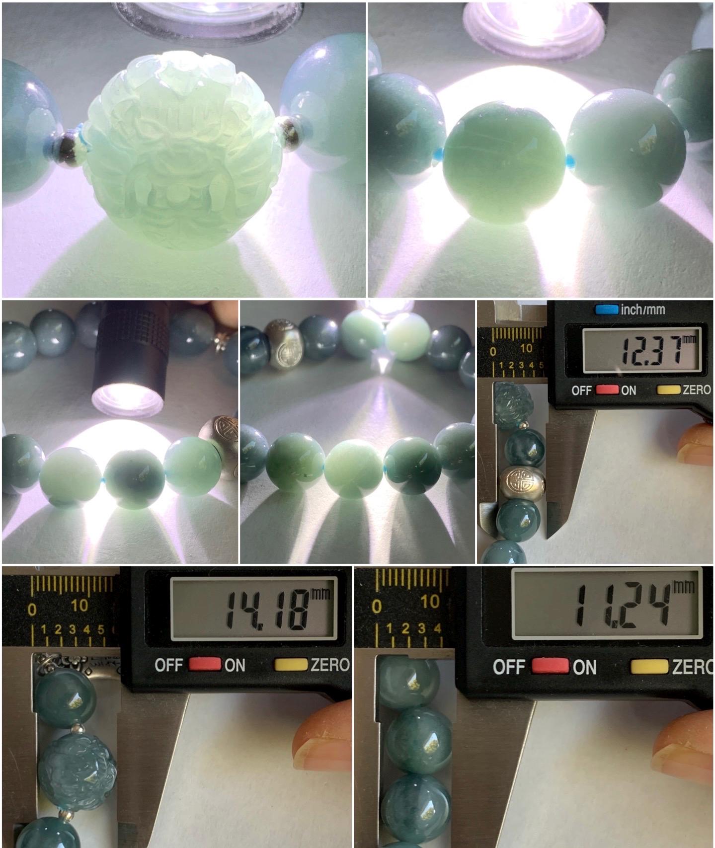 Natural Guatemalan Icy Translucent Dark Dusty Blue Jadeite Dragon Bead Beaded Bracelet Sterling Silver 6.75” 11.2mm 40g 天然冰危暗蓝翡翠龙珠手串 QLZ315S