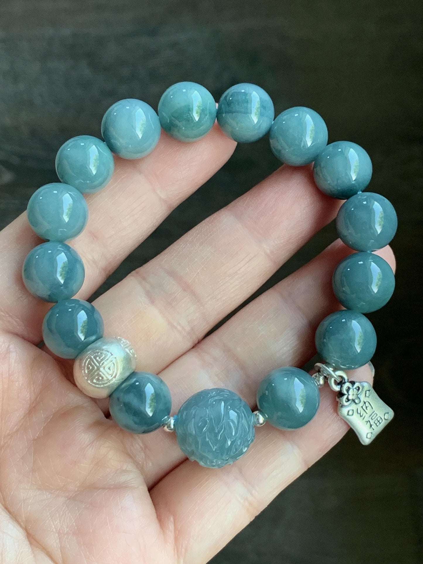 Natural Guatemalan Icy Translucent Dark Dusty Blue Jadeite Dragon Bead Beaded Bracelet Sterling Silver 6.75” 11.2mm 40g 天然冰危暗蓝翡翠龙珠手串 QLZ315S