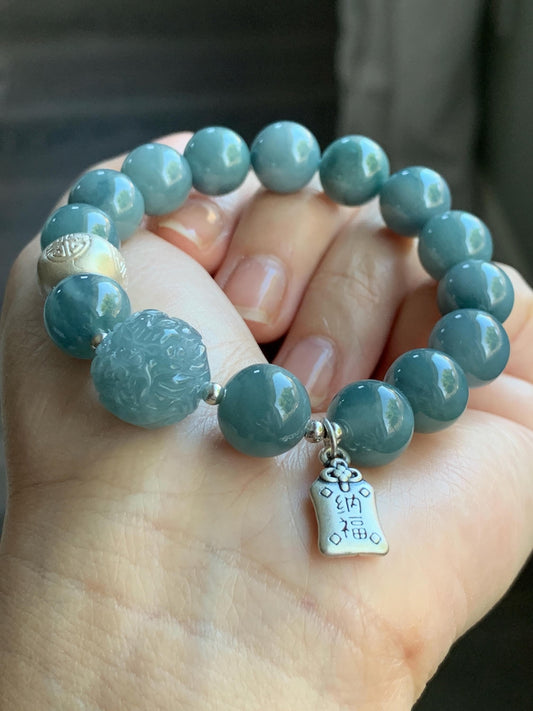 Natural Guatemalan Icy Translucent Dark Dusty Blue Jadeite Dragon Bead Beaded Bracelet Sterling Silver 6.75” 11.2mm 40g 天然冰危暗蓝翡翠龙珠手串 QLZ315S