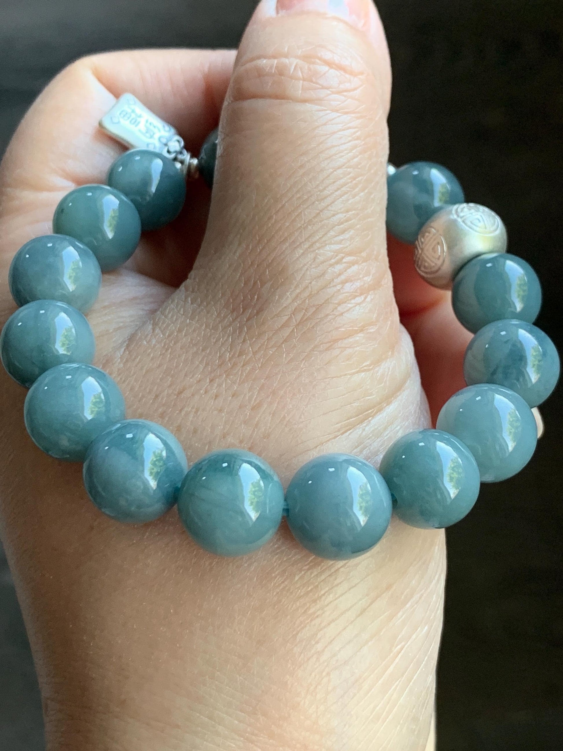 Natural Guatemalan Icy Translucent Dark Dusty Blue Jadeite Dragon Bead Beaded Bracelet Sterling Silver 6.75” 11.2mm 40g 天然冰危暗蓝翡翠龙珠手串 QLZ315S