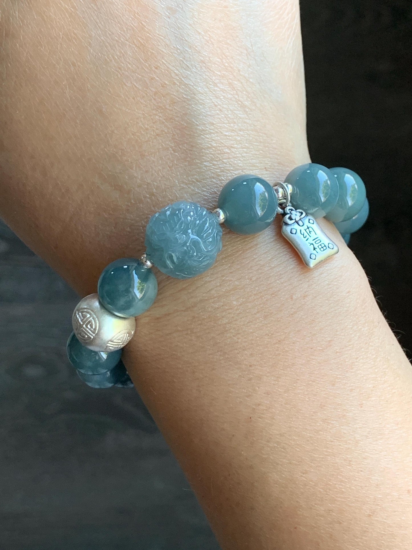 Natural Guatemalan Icy Translucent Dark Dusty Blue Jadeite Dragon Bead Beaded Bracelet Sterling Silver 6.75” 11.2mm 40g 天然冰危暗蓝翡翠龙珠手串 QLZ315S