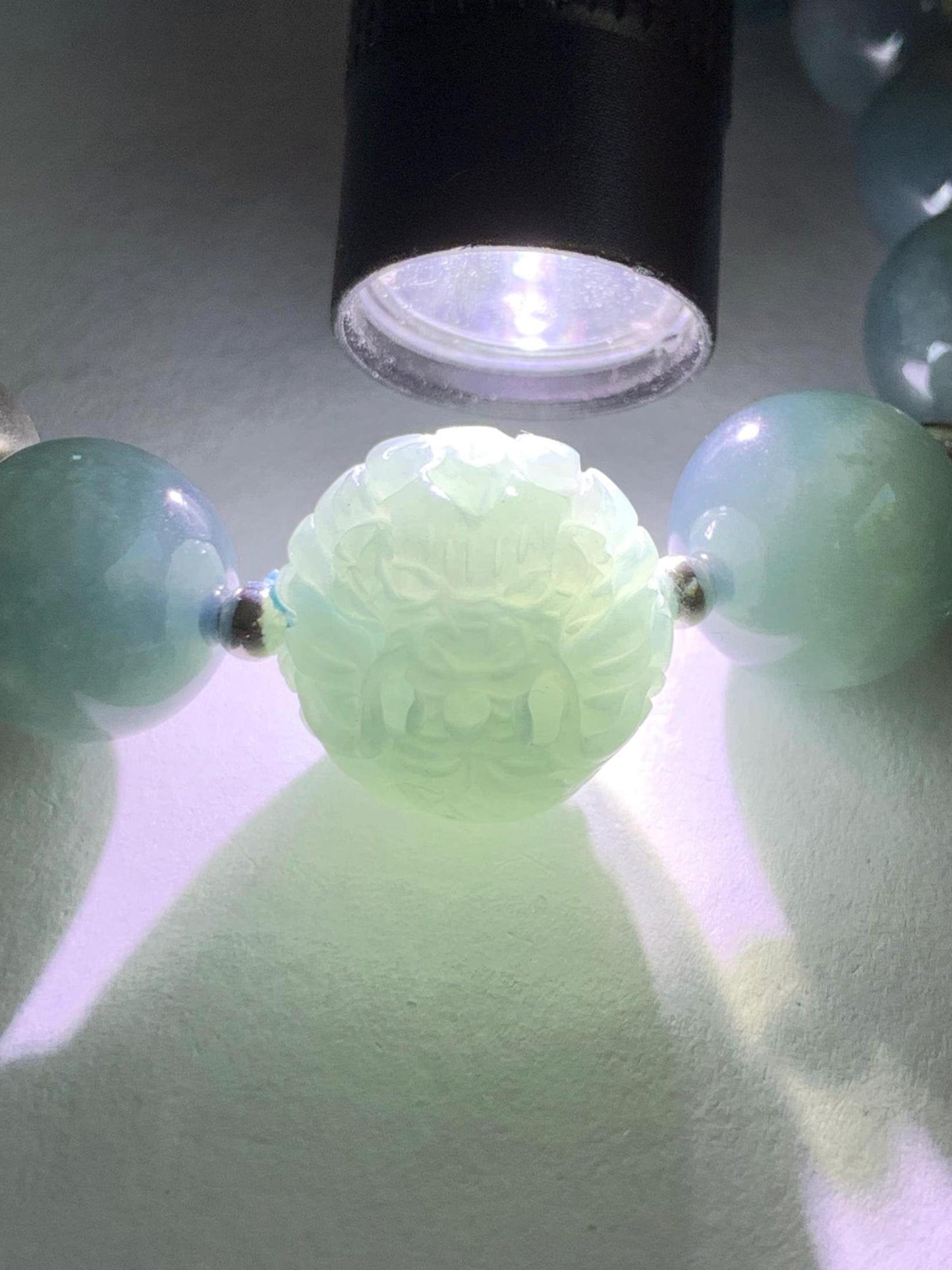 Natural Guatemalan Icy Translucent Dark Dusty Blue Jadeite Dragon Bead Beaded Bracelet Sterling Silver 6.75” 11.2mm 40g 天然冰危暗蓝翡翠龙珠手串 QLZ315S