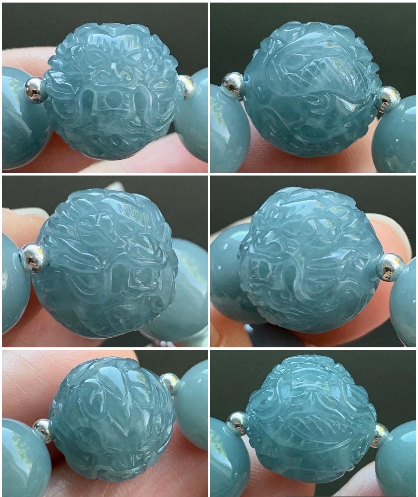 Natural Guatemalan Icy Translucent Light Dusty Blue Jadeite Dragon Bead Beaded Bracelet Sterling Silver 7.25” 11mm 40g 天然冰危浅蓝翡翠龙珠手串 QLZ315Q