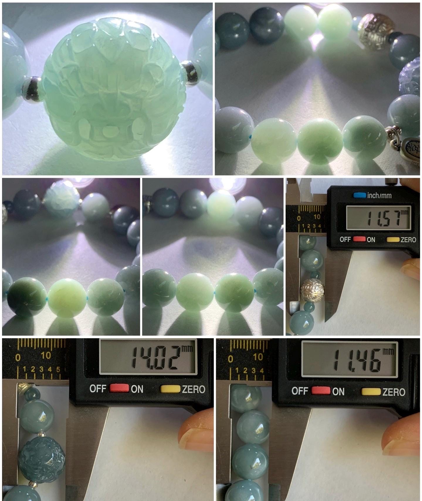 Natural Guatemalan Icy Translucent Light Dusty Blue Jadeite Dragon Bead Beaded Bracelet Sterling Silver 7.25” 11mm 40g 天然冰危浅蓝翡翠龙珠手串 QLZ315Q