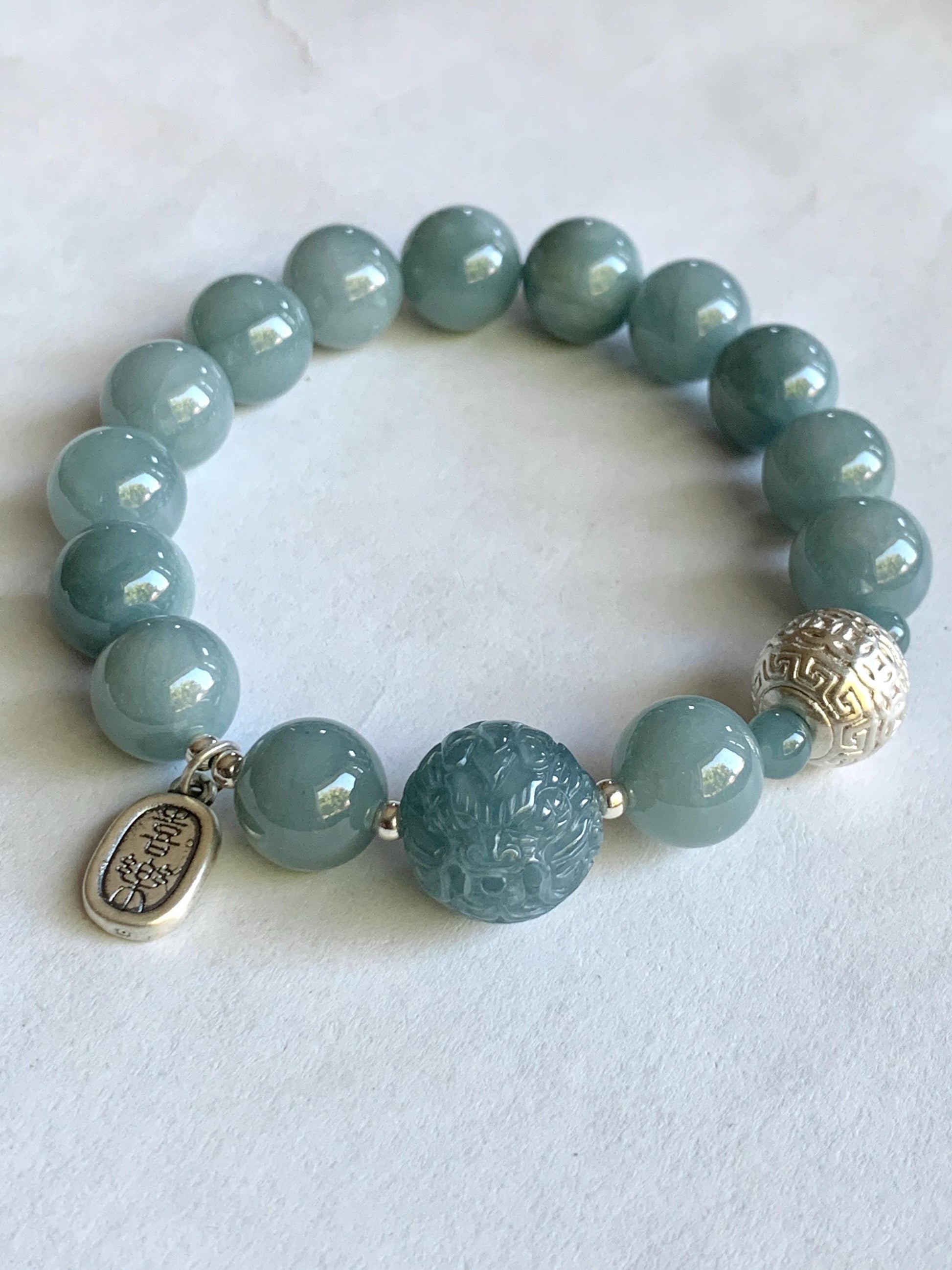 Natural Guatemalan Icy Translucent Light Dusty Blue Jadeite Dragon Bead Beaded Bracelet Sterling Silver 7.25” 11mm 40g 天然冰危浅蓝翡翠龙珠手串 QLZ315Q