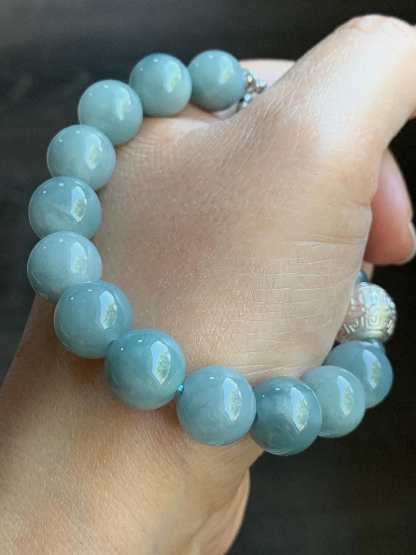 Natural Guatemalan Icy Translucent Light Dusty Blue Jadeite Dragon Bead Beaded Bracelet Sterling Silver 7.25” 11mm 40g 天然冰危浅蓝翡翠龙珠手串 QLZ315Q