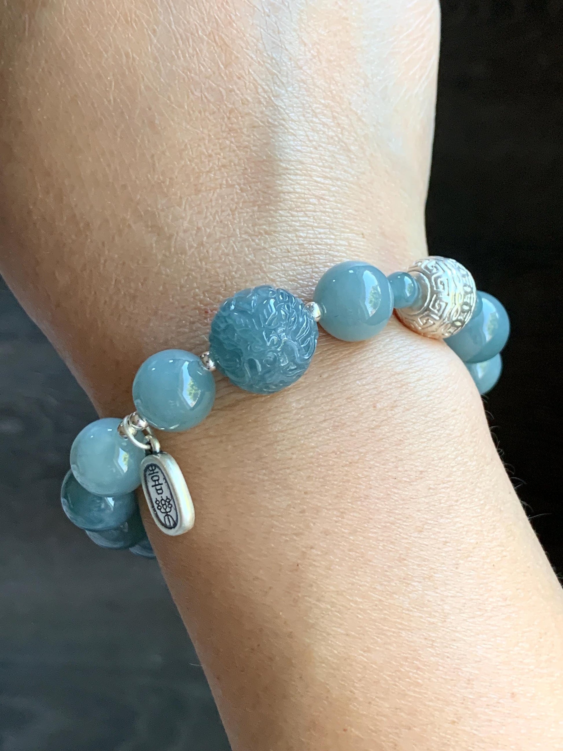 Natural Guatemalan Icy Translucent Light Dusty Blue Jadeite Dragon Bead Beaded Bracelet Sterling Silver 7.25” 11mm 40g 天然冰危浅蓝翡翠龙珠手串 QLZ315Q