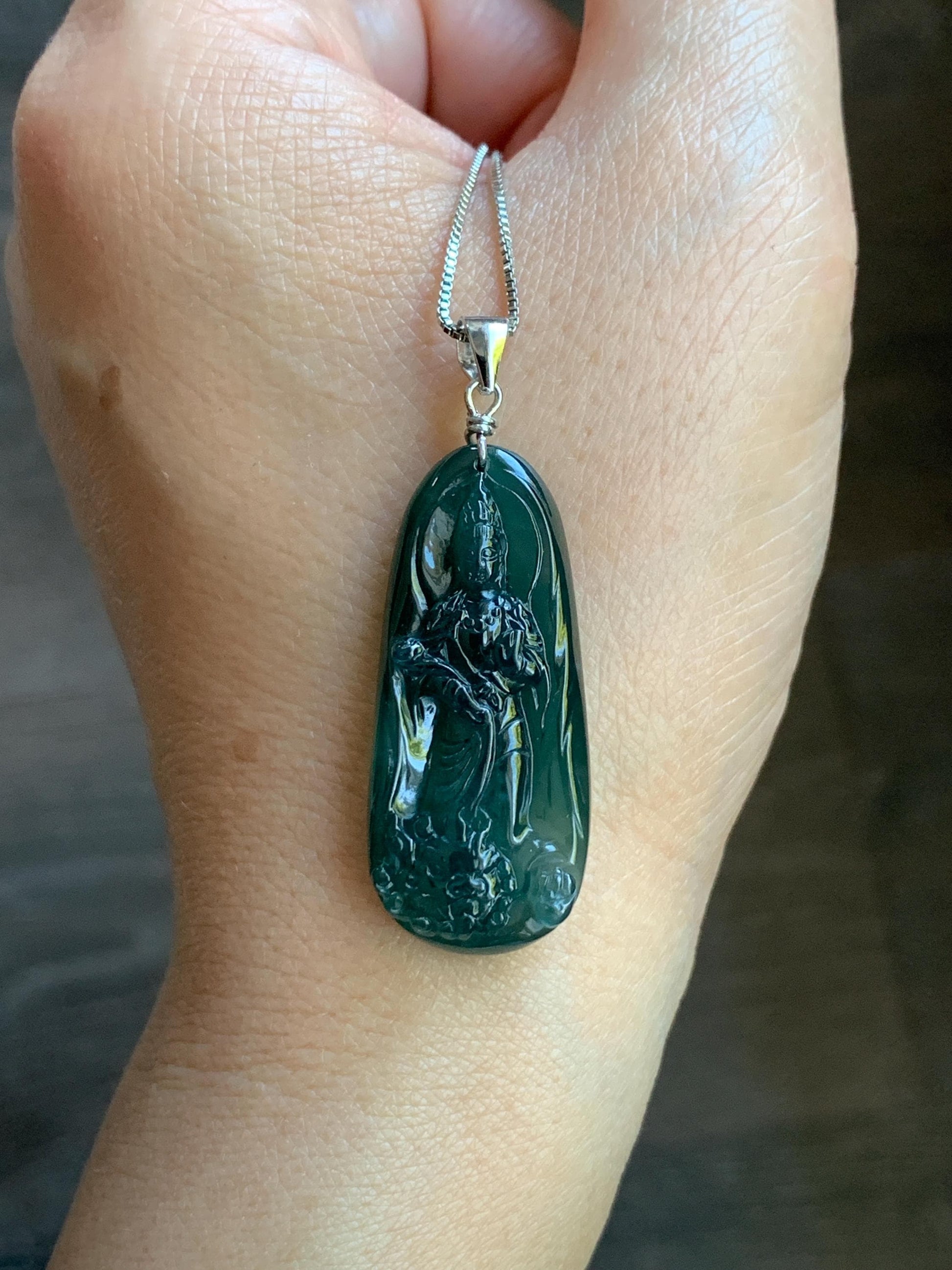 Natural Guatemalan Icy Translucent Gelatinous Deep Blue Jadeite Wen Shu Manjushri Bodhisattva Pendant Sterling Silver 天然冰胶危深蓝翡翠文殊菩萨吊坠 A