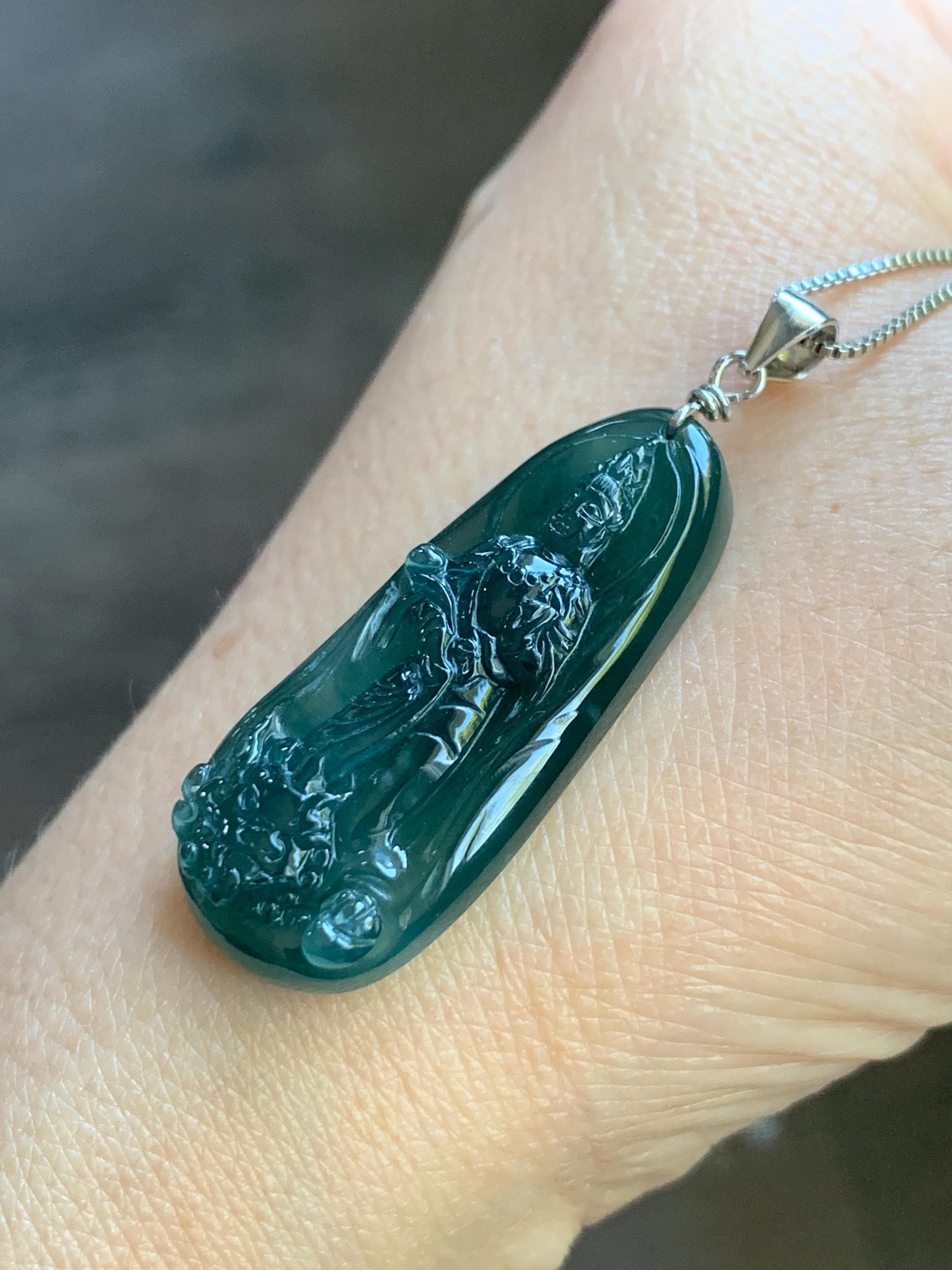 Natural Guatemalan Icy Translucent Gelatinous Deep Blue Jadeite Wen Shu Manjushri Bodhisattva Pendant Sterling Silver 天然冰胶危深蓝翡翠文殊菩萨吊坠 A