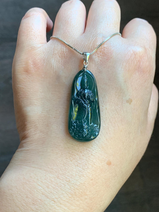Natural Guatemalan Icy Translucent Gelatinous Deep Blue Jadeite Wen Shu Manjushri Bodhisattva Pendant Sterling Silver 天然冰胶危深蓝翡翠文殊菩萨吊坠 A