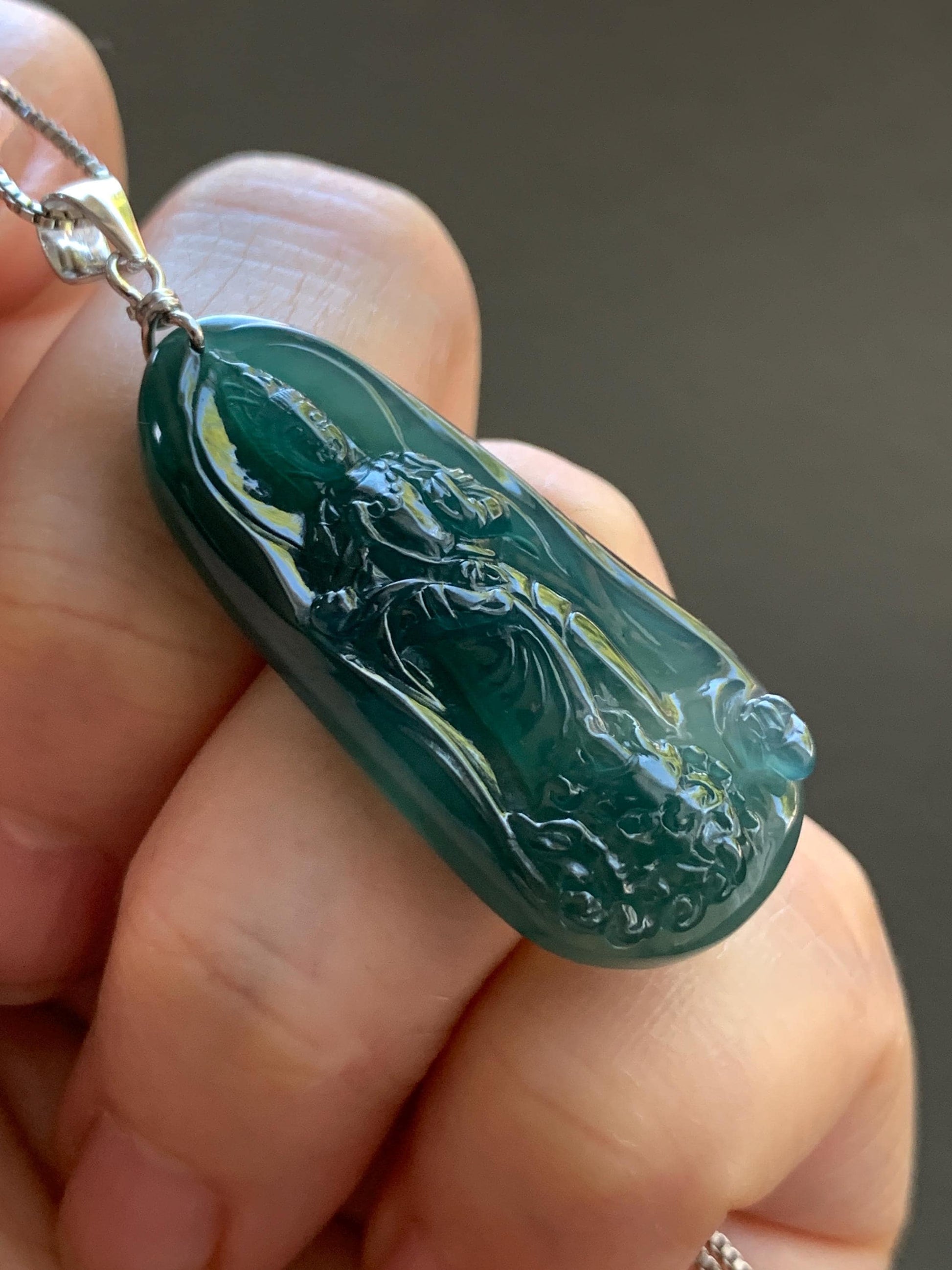 Natural Guatemalan Icy Translucent Gelatinous Deep Blue Jadeite Wen Shu Manjushri Bodhisattva Pendant Sterling Silver 天然冰胶危深蓝翡翠文殊菩萨吊坠 A