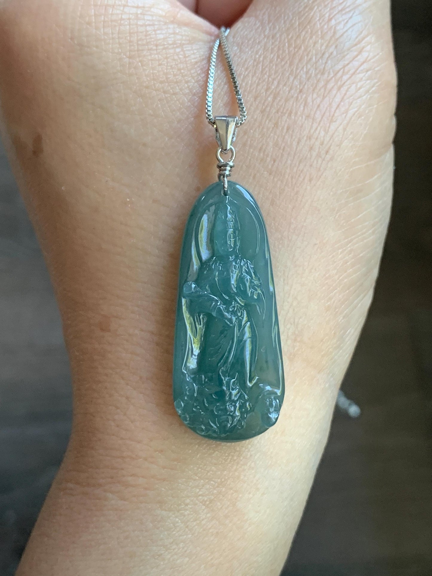 Natural Guatemalan Icy Translucent Gelatinous Teal Blue Jadeite Wen Shu Manjushri Bodhisattva Pendant Sterling Silver 天然冰胶危蓝绿翡翠文殊菩萨吊坠 B
