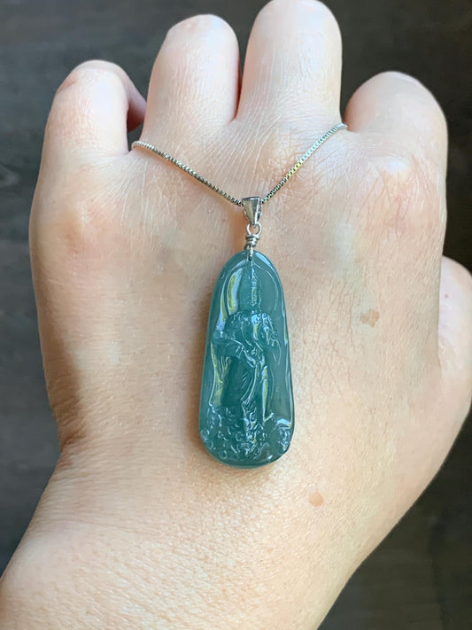 Natural Guatemalan Icy Translucent Gelatinous Teal Blue Jadeite Wen Shu Manjushri Bodhisattva Pendant Sterling Silver 天然冰胶危蓝绿翡翠文殊菩萨吊坠 B