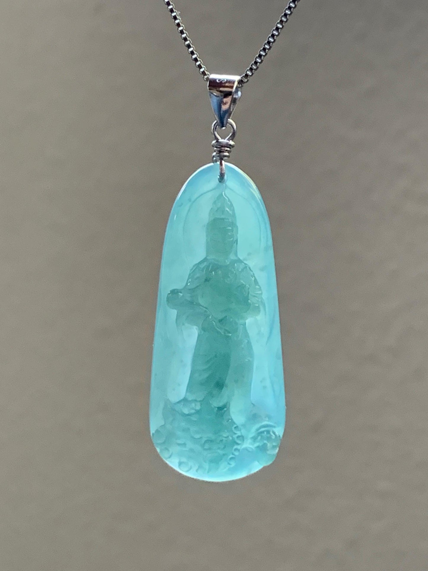 Natural Guatemalan Icy Translucent Gelatinous Teal Blue Jadeite Wen Shu Manjushri Bodhisattva Pendant Sterling Silver 天然冰胶危蓝绿翡翠文殊菩萨吊坠 B