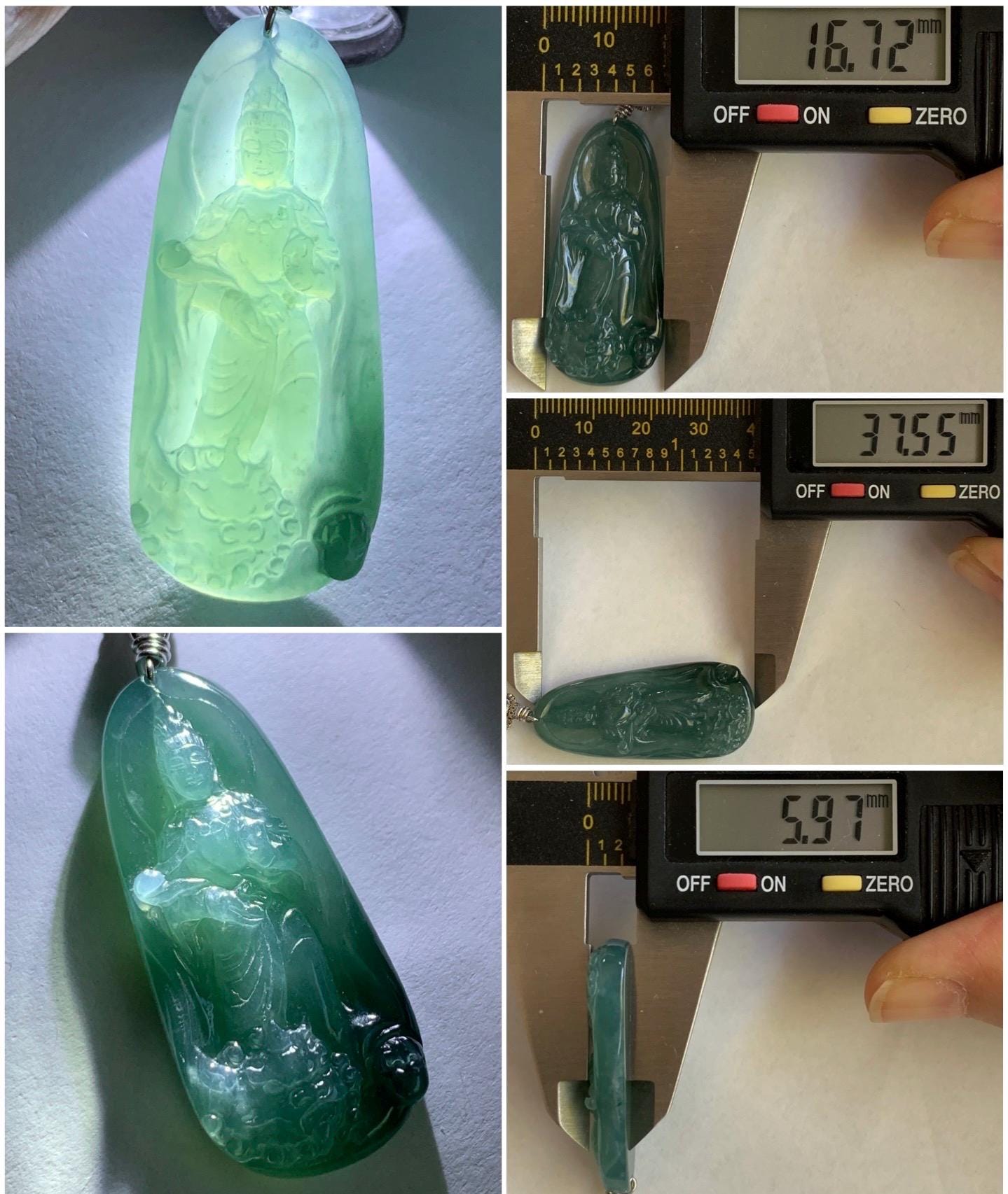 Natural Guatemalan Icy Translucent Gelatinous Teal Blue Jadeite Wen Shu Manjushri Bodhisattva Pendant Sterling Silver 天然冰胶危蓝绿翡翠文殊菩萨吊坠 C