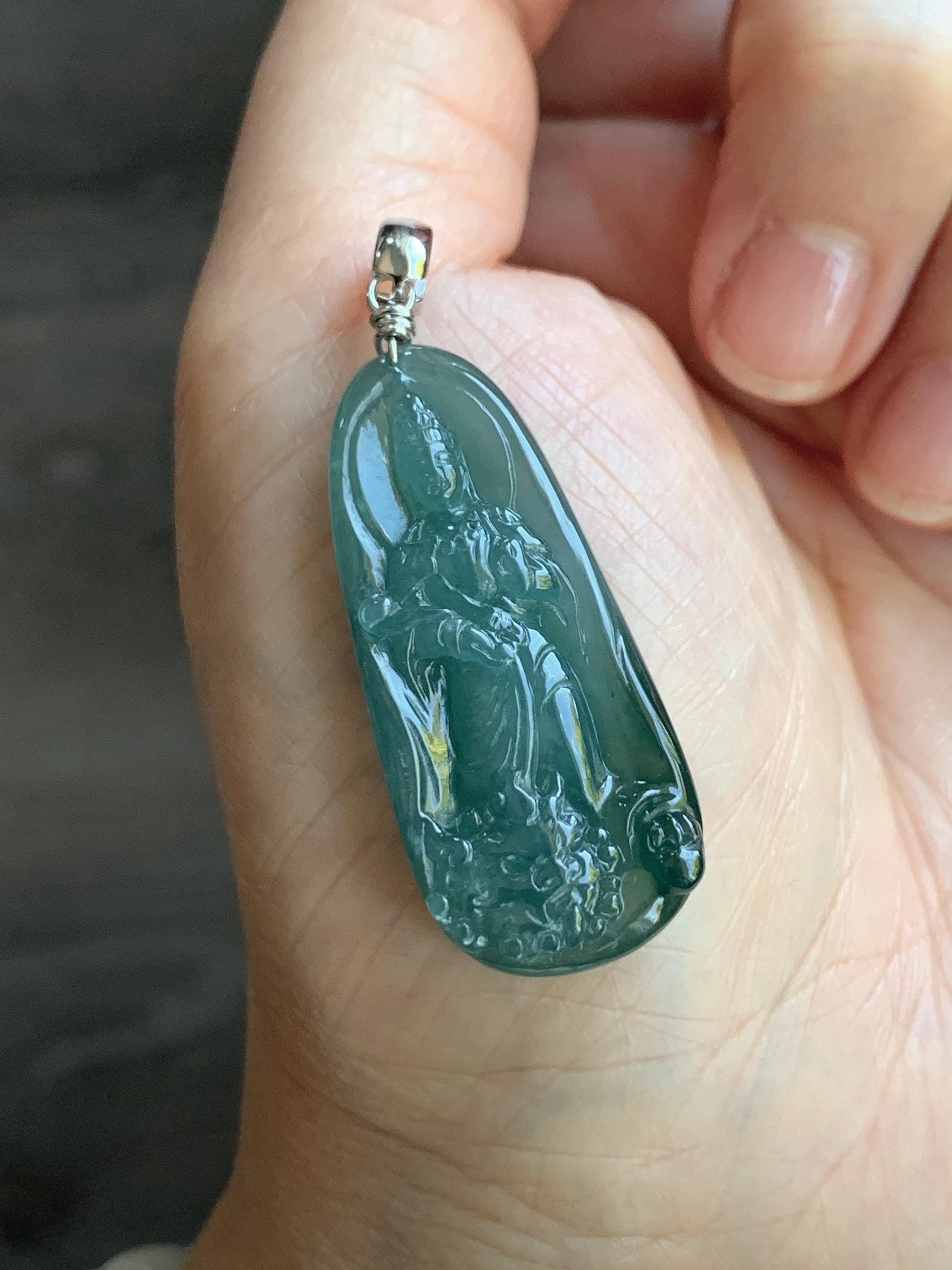 Natural Guatemalan Icy Translucent Gelatinous Teal Blue Jadeite Wen Shu Manjushri Bodhisattva Pendant Sterling Silver 天然冰胶危蓝绿翡翠文殊菩萨吊坠 C