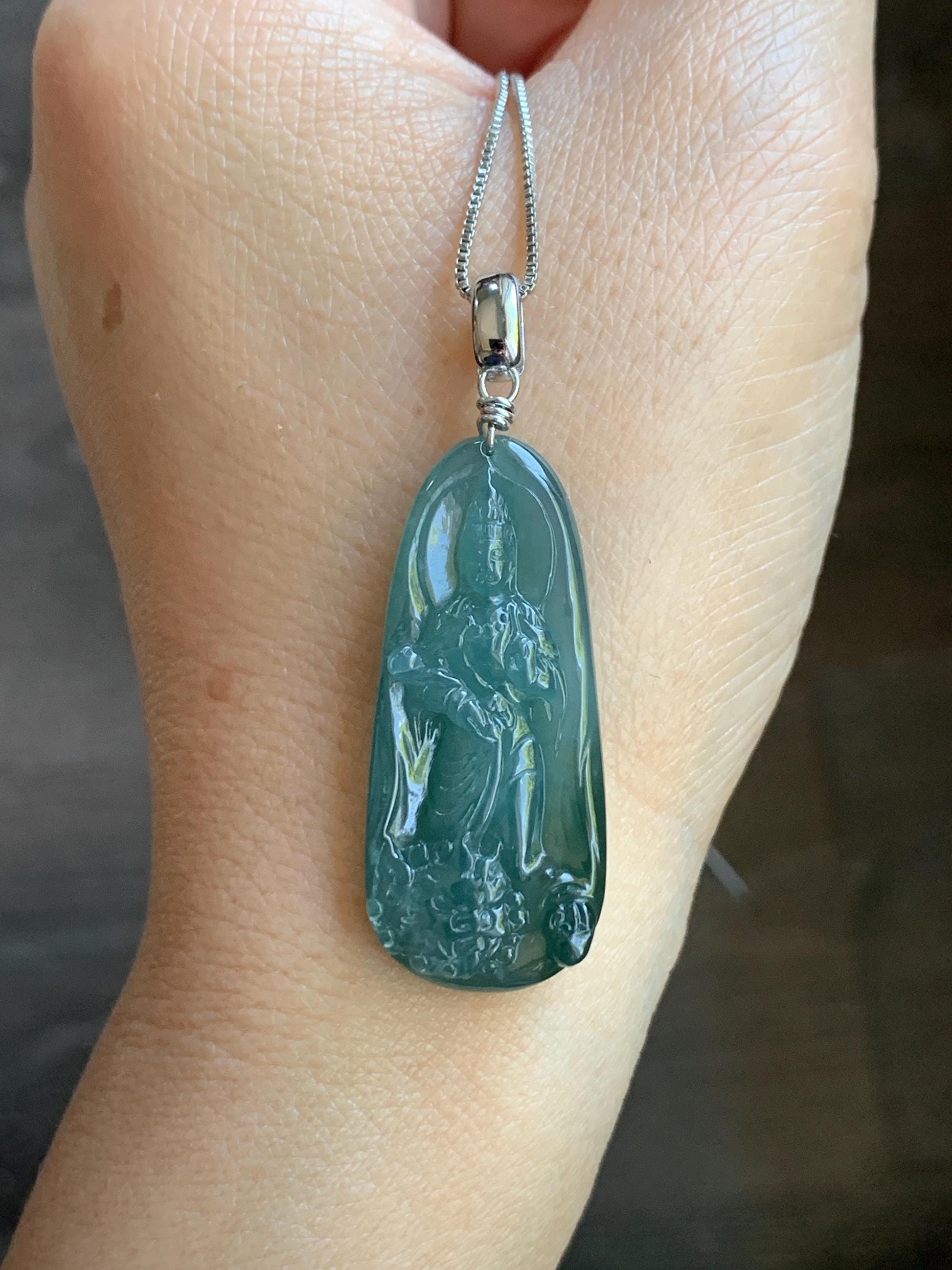 Natural Guatemalan Icy Translucent Gelatinous Teal Blue Jadeite Wen Shu Manjushri Bodhisattva Pendant Sterling Silver 天然冰胶危蓝绿翡翠文殊菩萨吊坠 C