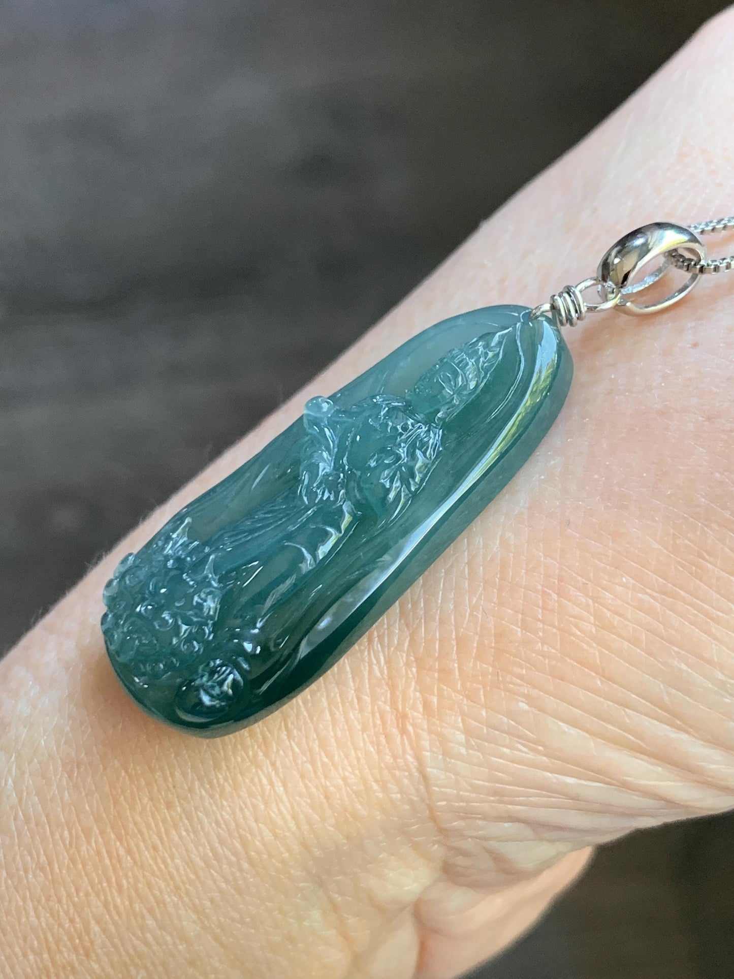 Natural Guatemalan Icy Translucent Gelatinous Teal Blue Jadeite Wen Shu Manjushri Bodhisattva Pendant Sterling Silver 天然冰胶危蓝绿翡翠文殊菩萨吊坠 C