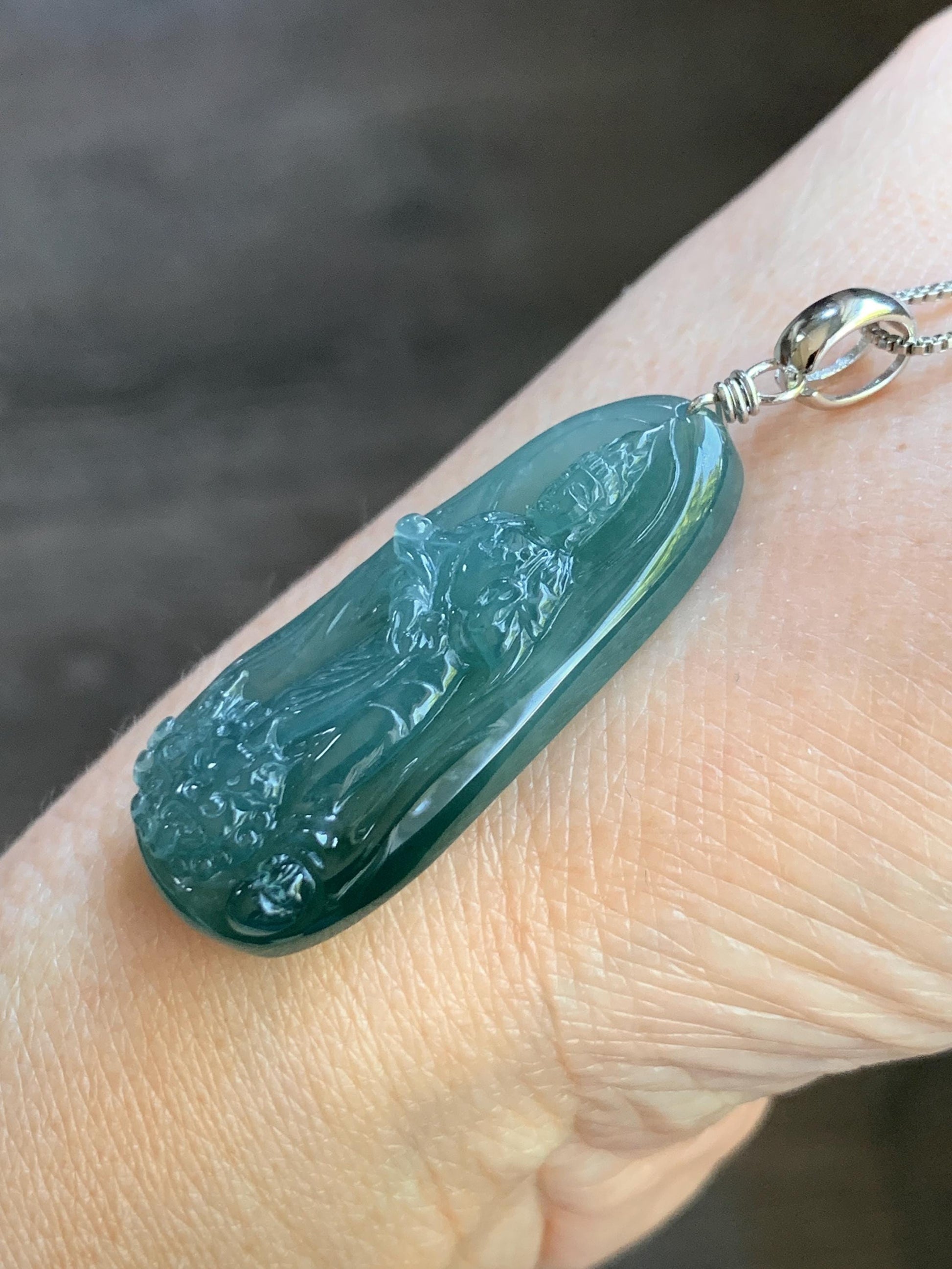 Natural Guatemalan Icy Translucent Gelatinous Teal Blue Jadeite Wen Shu Manjushri Bodhisattva Pendant Sterling Silver 天然冰胶危蓝绿翡翠文殊菩萨吊坠 C