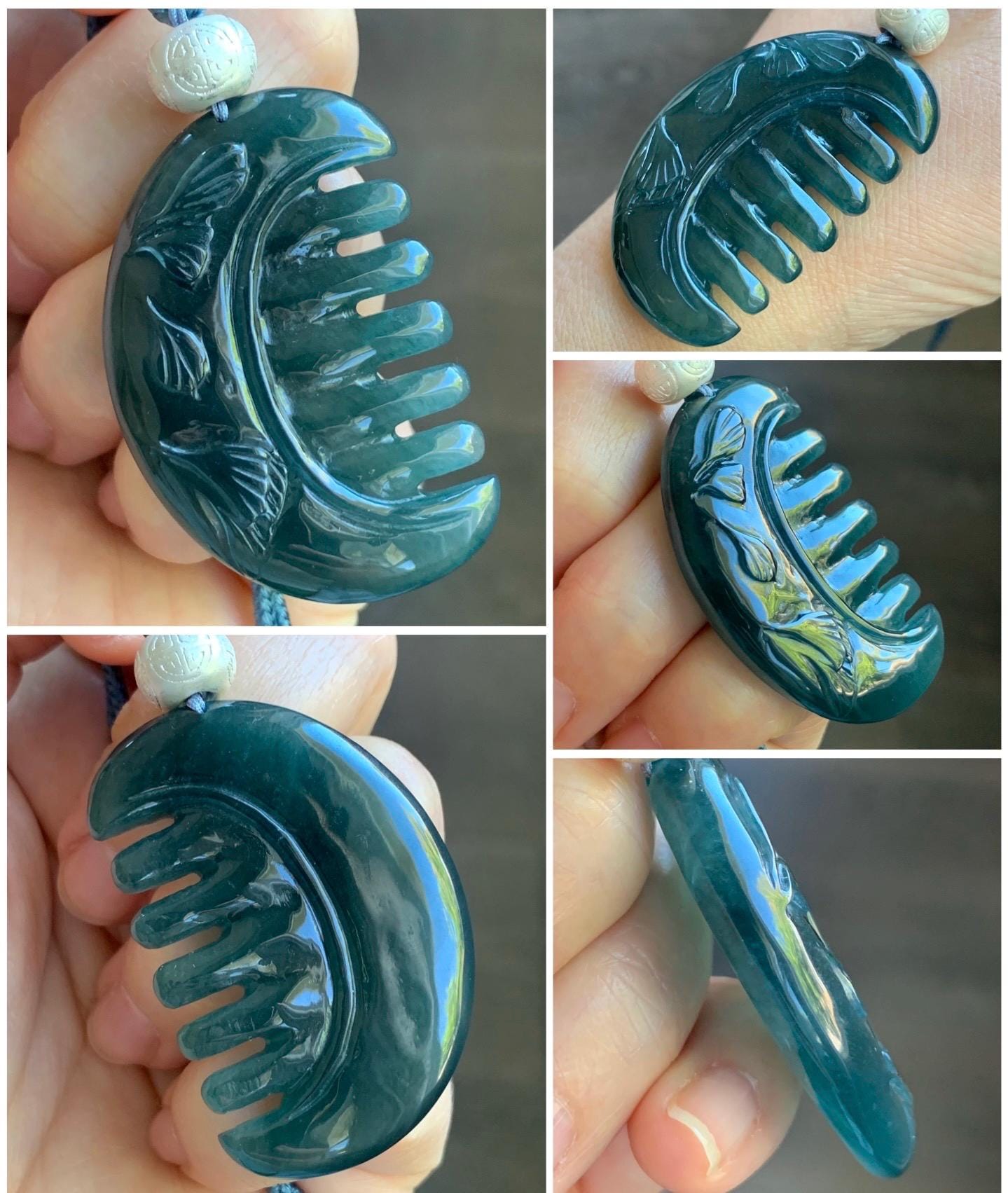 Natural Guatemalan Icy Translucent Dark Teal Blue Jadeite Comb with Ginkgo Leaves Pendant Rope Necklace Sterling Silver 25” 天然冰危深蓝翡翠银杏叶梳子吊坠