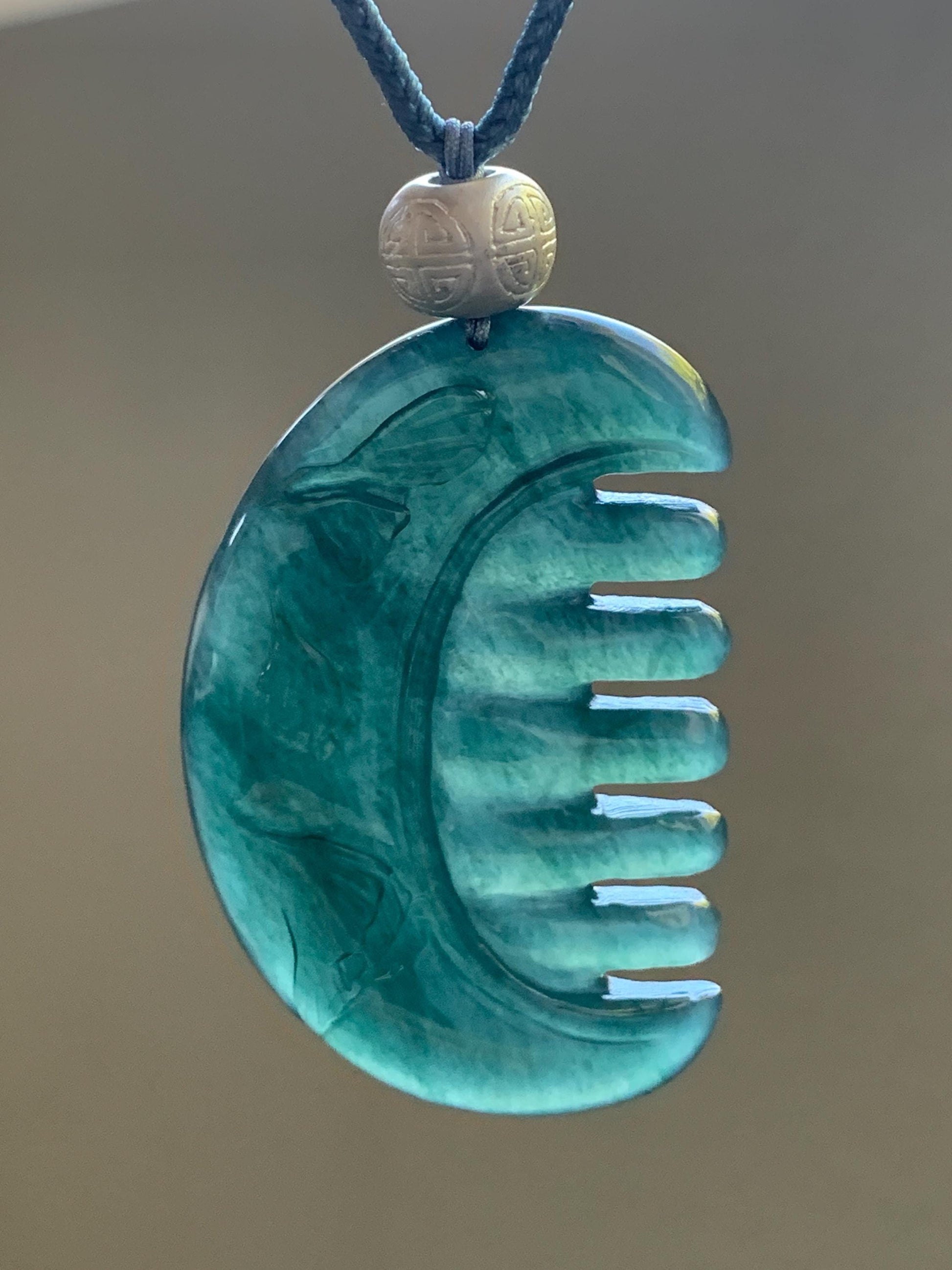 Natural Guatemalan Icy Translucent Dark Teal Blue Jadeite Comb with Ginkgo Leaves Pendant Rope Necklace Sterling Silver 25” 天然冰危深蓝翡翠银杏叶梳子吊坠