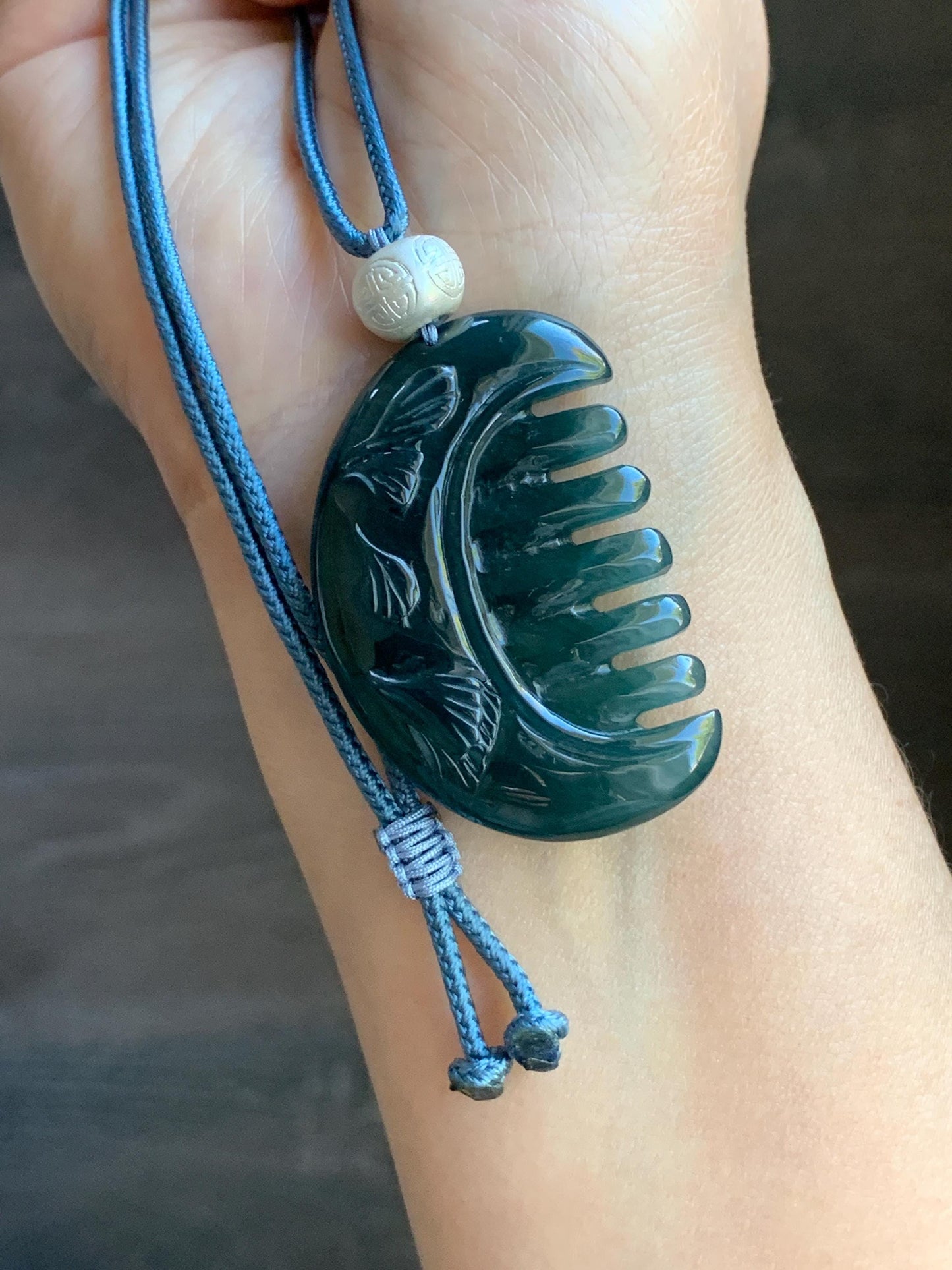 Natural Guatemalan Icy Translucent Dark Teal Blue Jadeite Comb with Ginkgo Leaves Pendant Rope Necklace Sterling Silver 25” 天然冰危深蓝翡翠银杏叶梳子吊坠