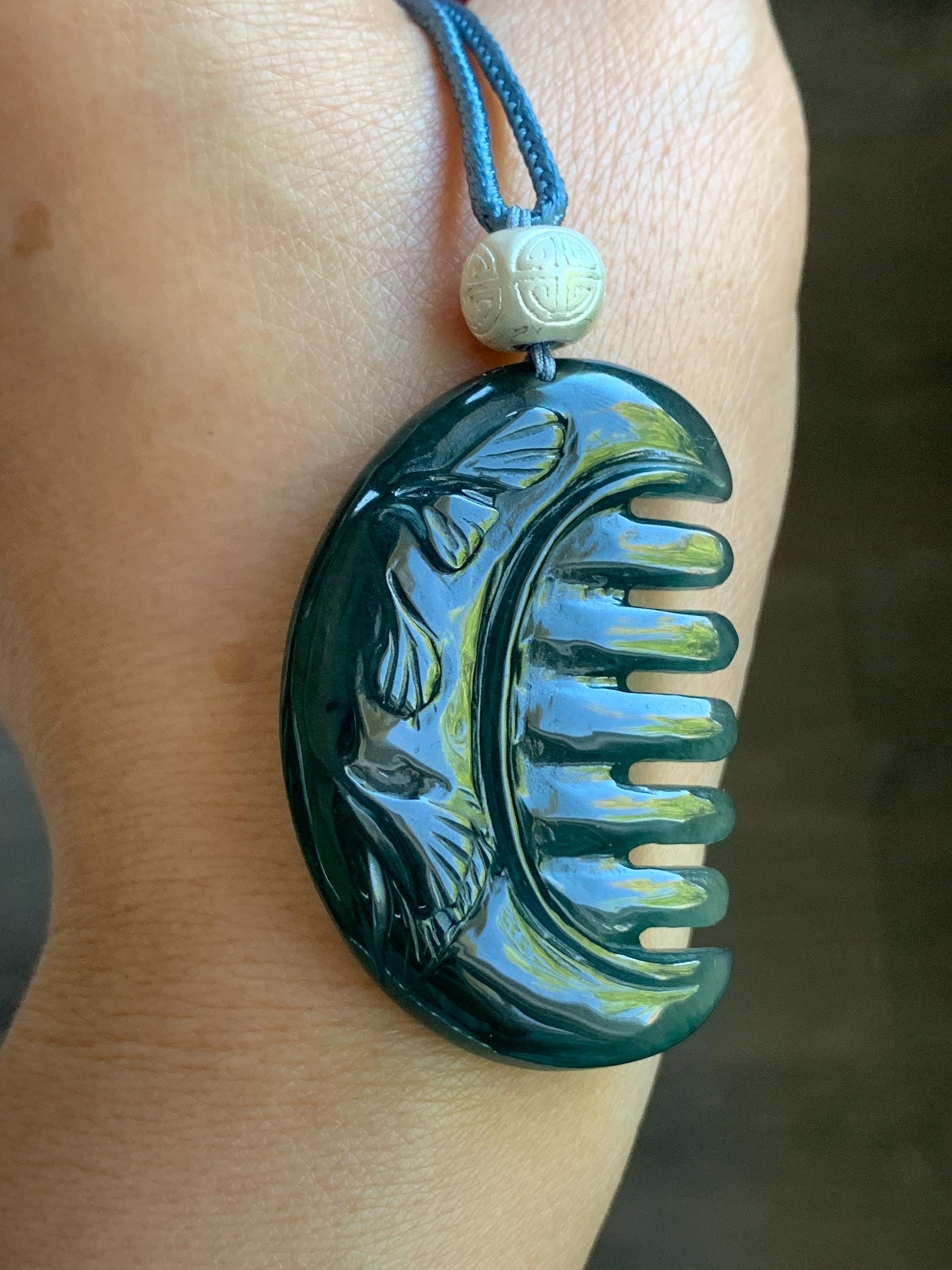 Natural Guatemalan Icy Translucent Dark Teal Blue Jadeite Comb with Ginkgo Leaves Pendant Rope Necklace Sterling Silver 25” 天然冰危深蓝翡翠银杏叶梳子吊坠