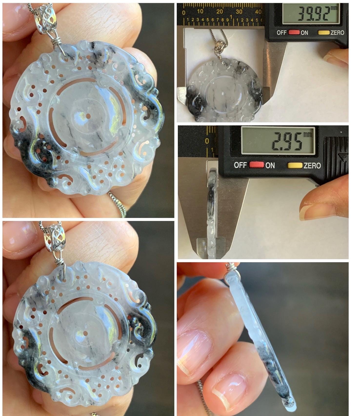 Natural Burmese Icy Translucent Gelatinous Wuji Jadeite Openwork Engraved Double Dragon Donut Pendant Sterling Silver 天然缅甸冰胶乌鸡翡翠双龙护主平安扣吊坠 B